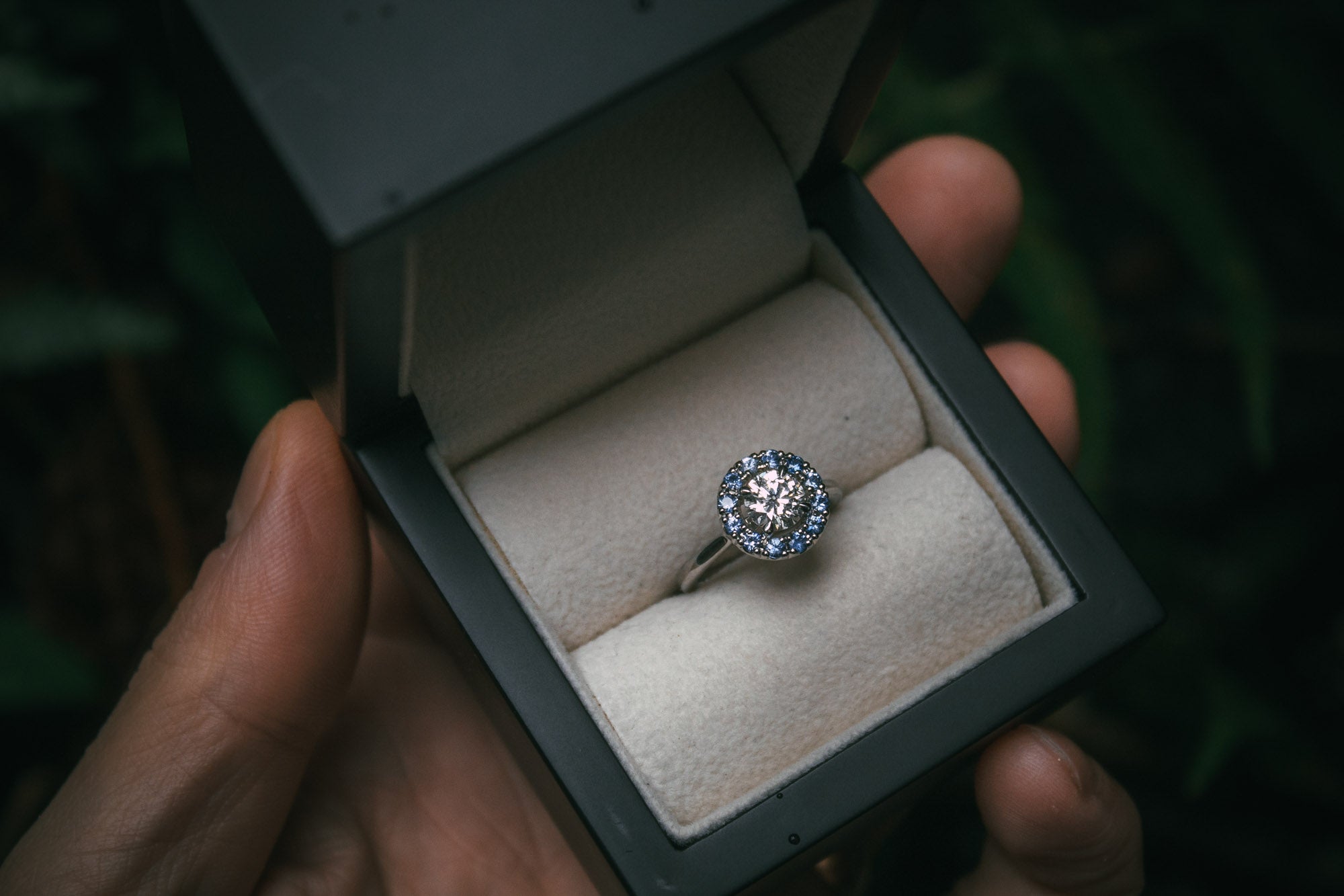Diamond and sapphire discount halo engagement rings