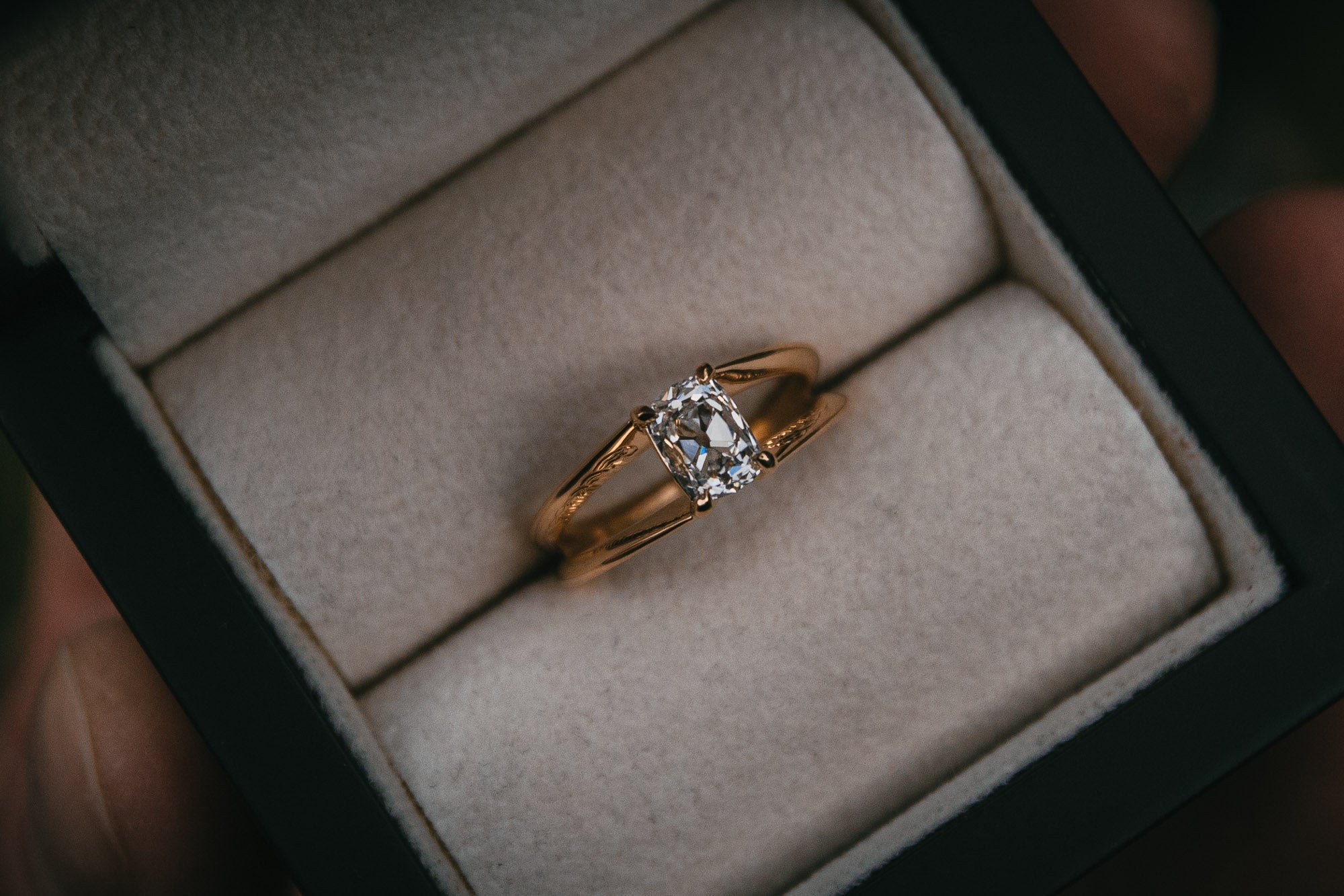 Bespoke split shank engraved diamond engagement ring