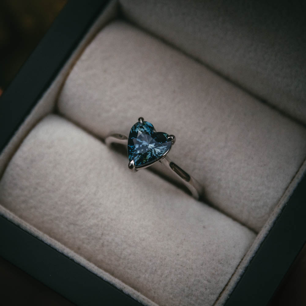 Moira Patience Fine Jewellery Heart Shaped Teal Sapphire Engagement Ring 