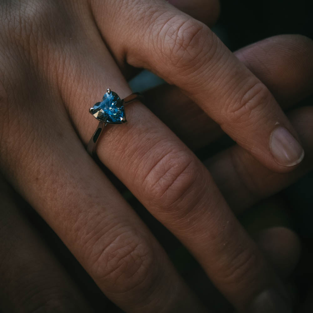 Moira Patience Fine Jewellery Heart Shaped Teal Sapphire Engagement Ring 