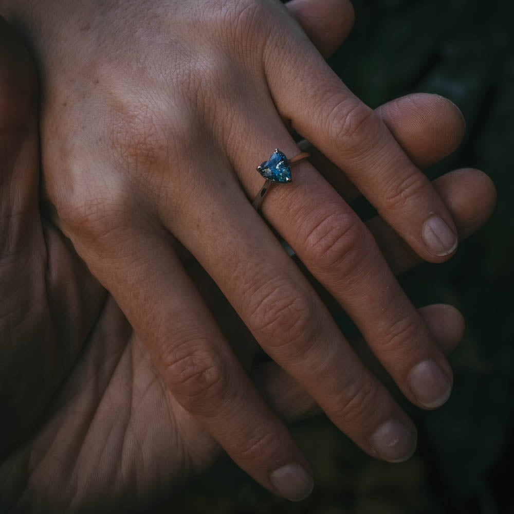 Moira Patience Fine Jewellery Heart Shaped Teal Sapphire Engagement Ring 