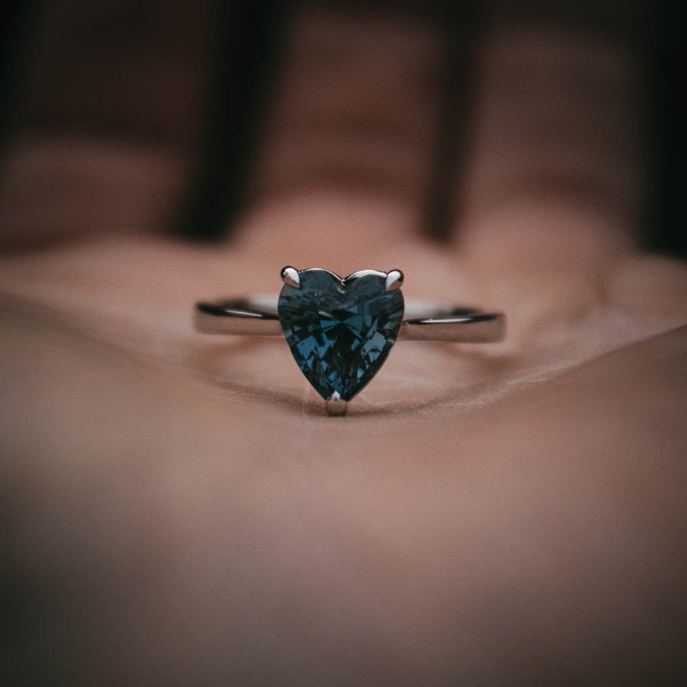 Moira Patience Fine Jewellery Heart Shaped Teal Sapphire Engagement Ring 