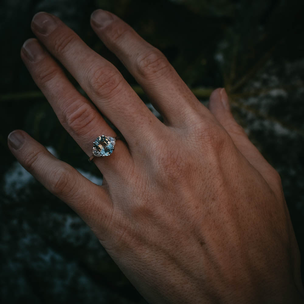 Moira Patience Fine Jewellery Ghlas Oval Pale Blue Sapphire and Diamond Engagement Ring in Edinburgh