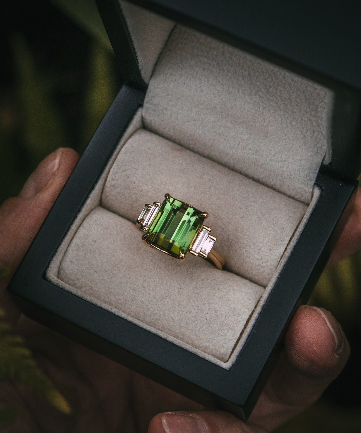Moira Patience art deco Green tourmaline and diamond engagement ring