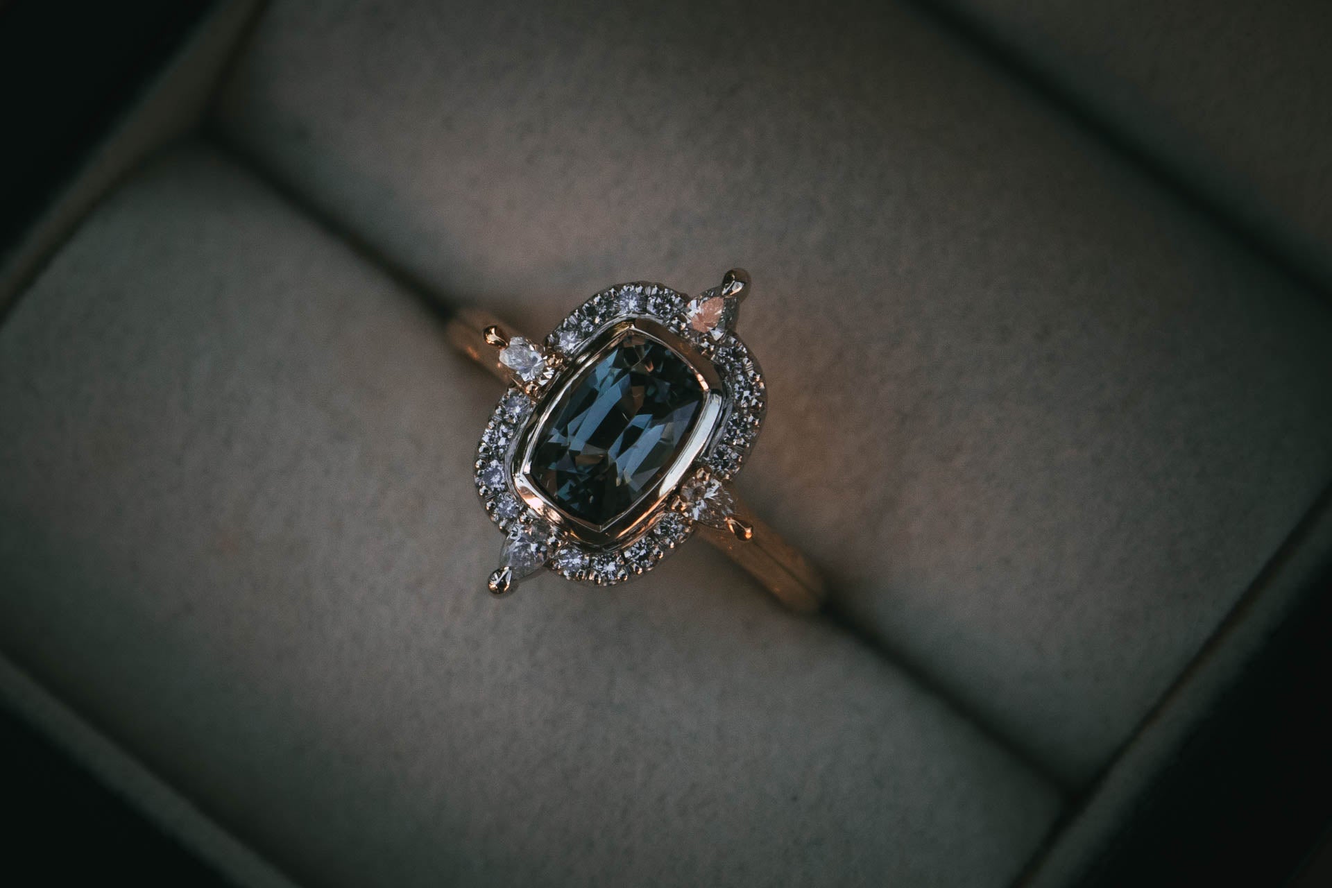 Moira Patience fine jewellery bespoke Art Nouveau Grey Spinel and Diamond Engagement Ring