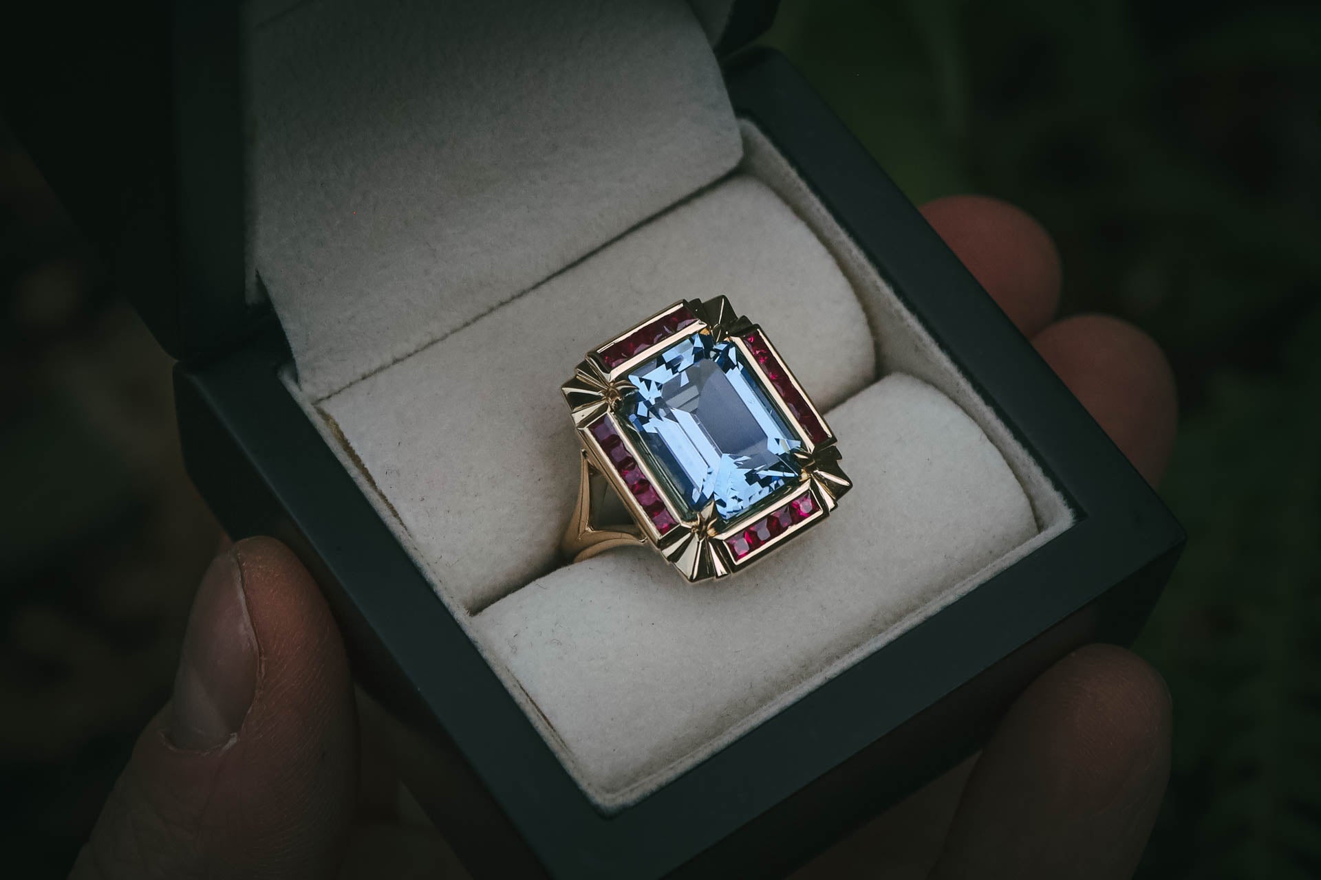 Moira Patience Fine Jewellery Bespoke Aquamarine Ruby Gold Art Deco Cocktail Ring