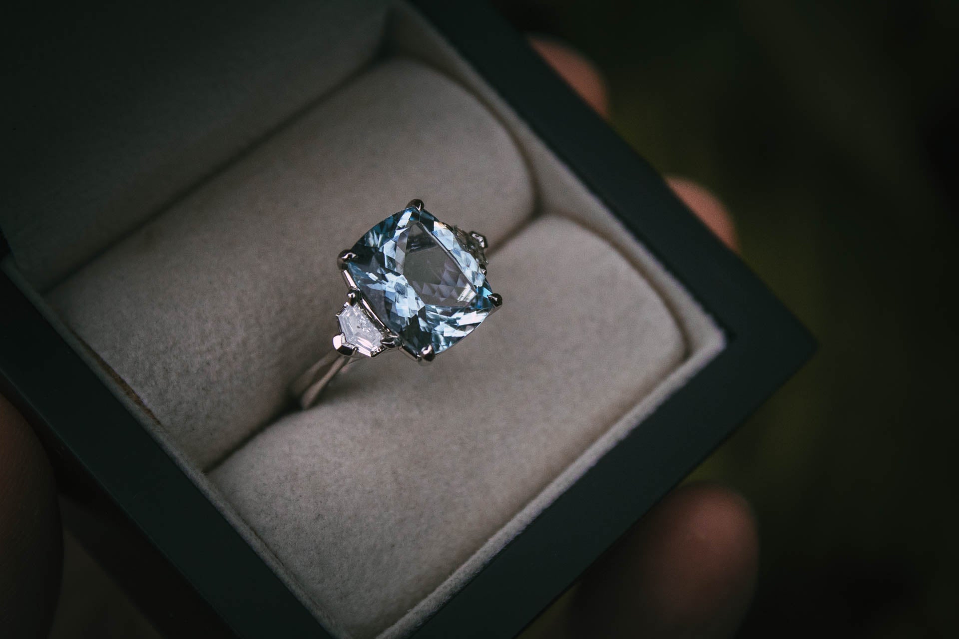 Bespoke Ice Blue Cushion Cut Aquamarine and Diamond Cocktail Ring Edinburgh