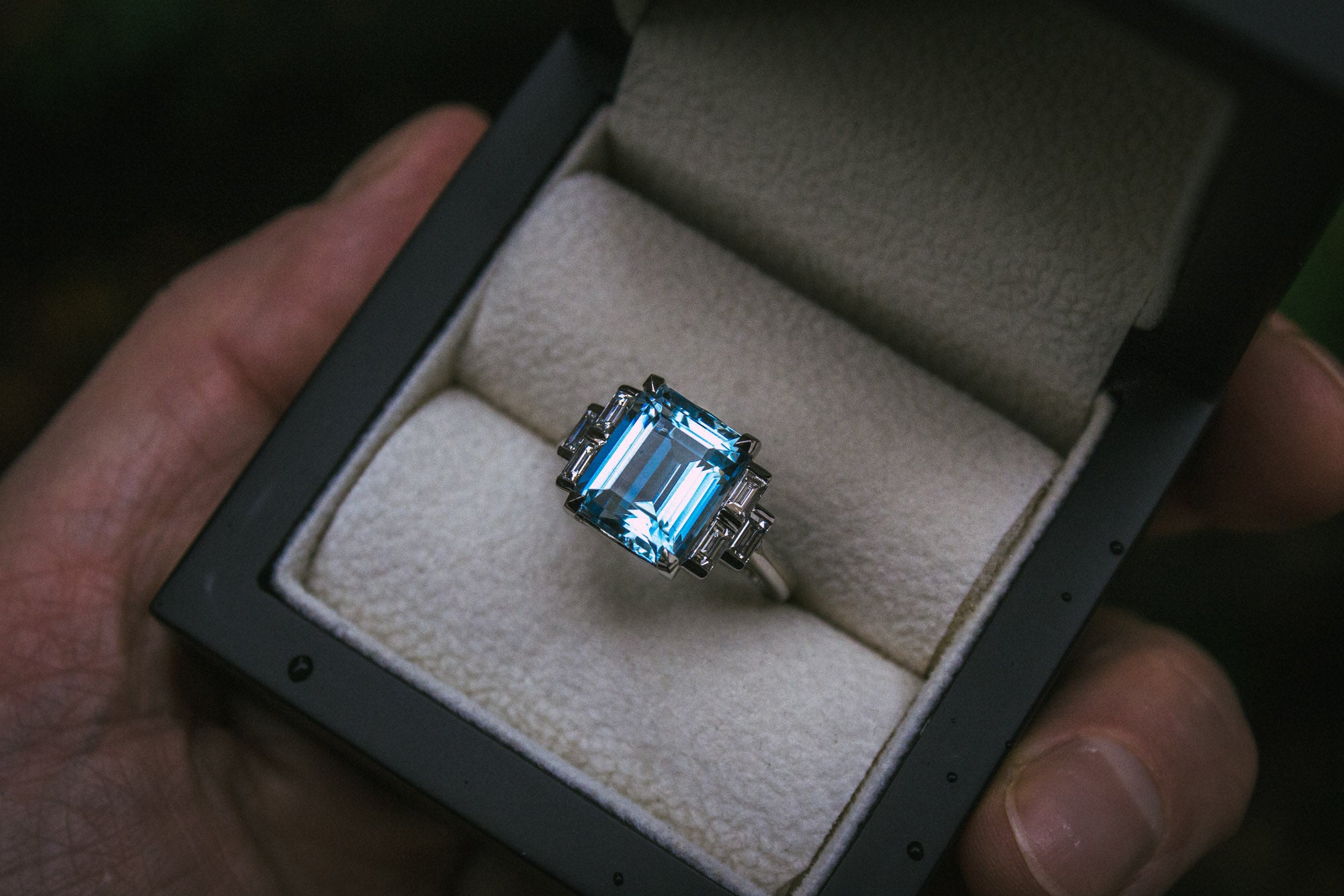 Bespoke  Commission Aquamarine and Diamond Platinum Ring
