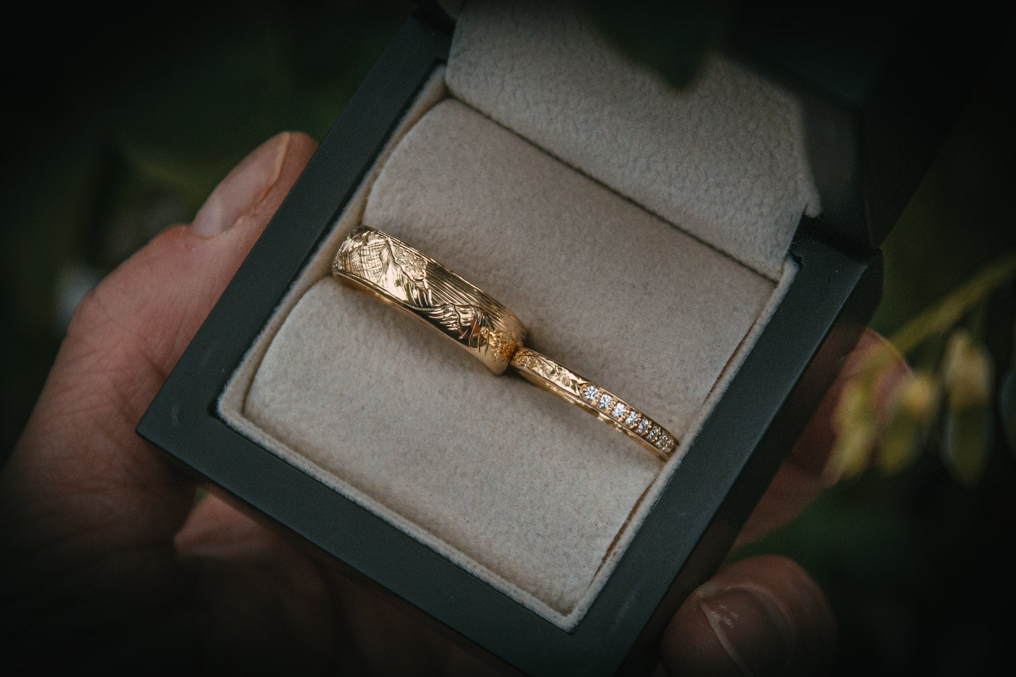 Hand engraved bespoke gold wedding rings