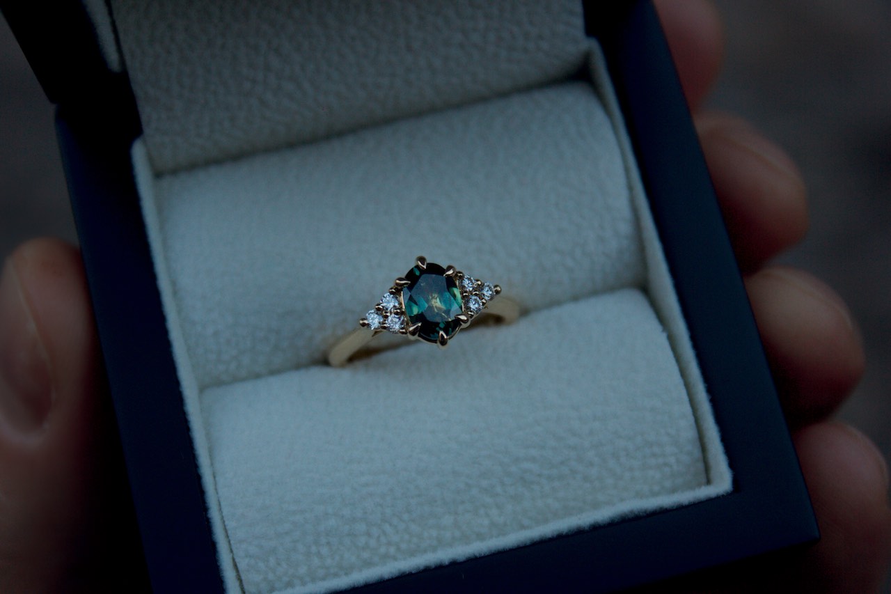 Moira Patience Fine Jewellery Bespoke Australian Green Sapphire and Diamond Engagement Ring in Edinburgh