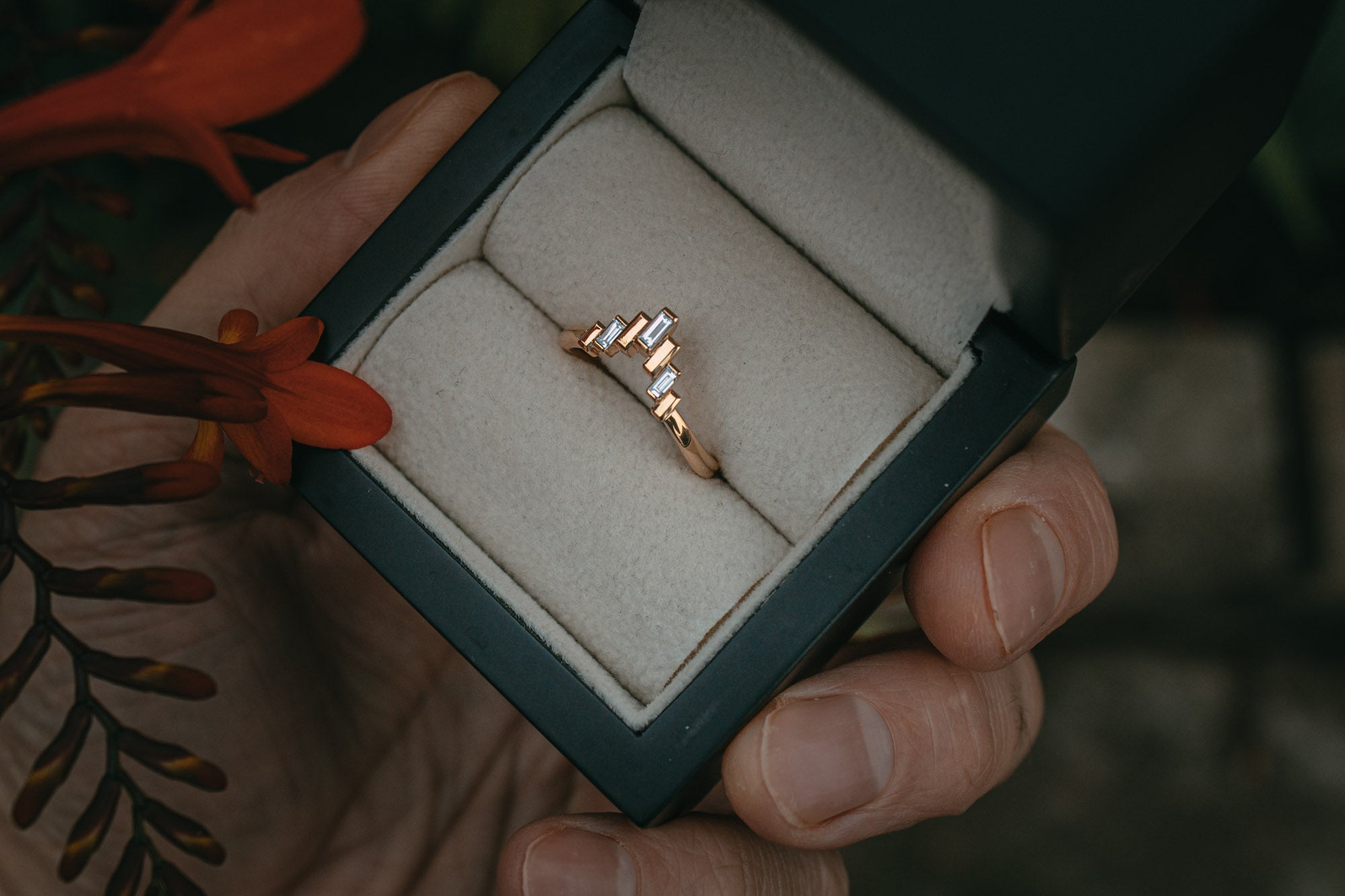 Bespoke baguette diamond and gold fitted wedding ring