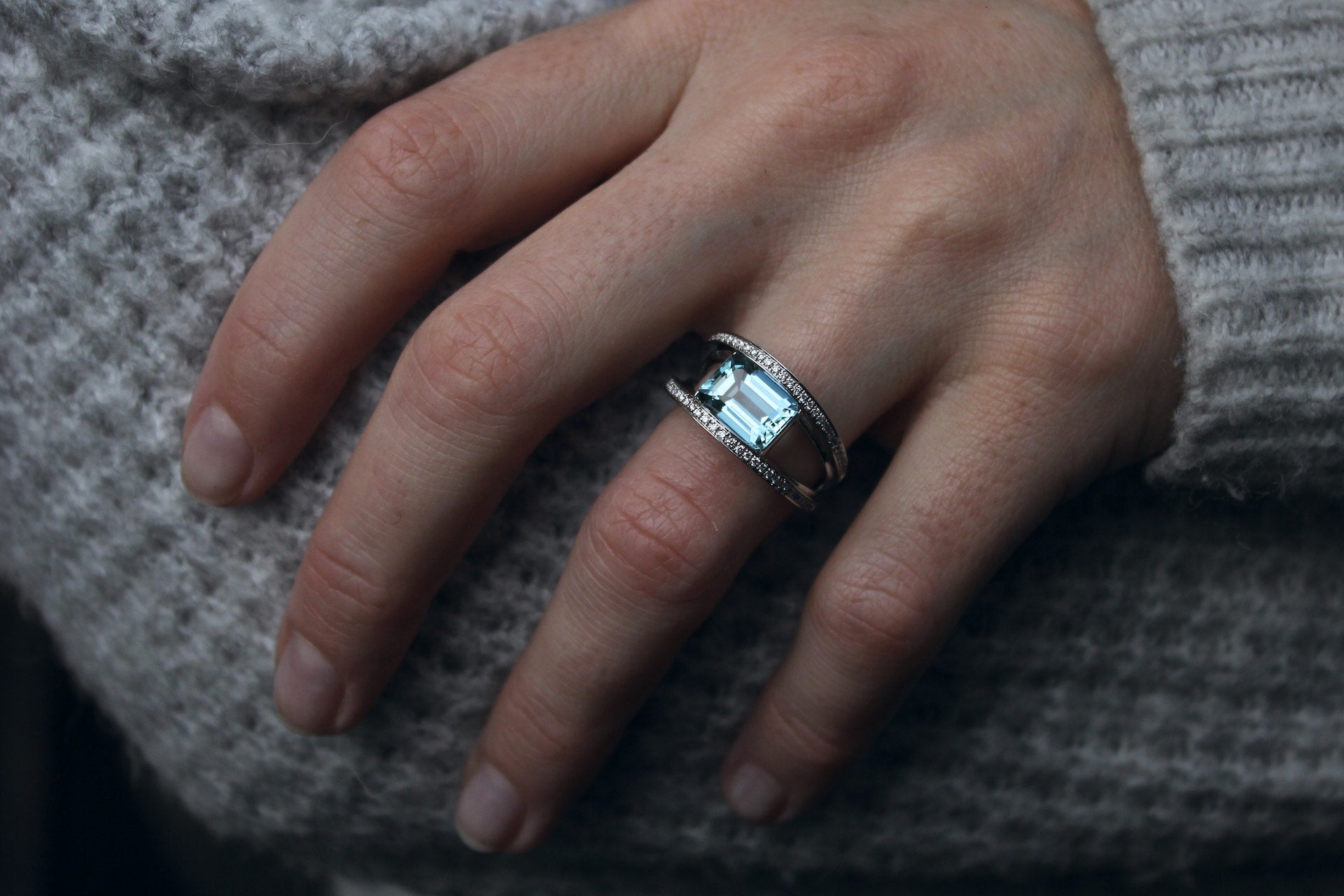 Moira Patience Fine Jewellery Bespoke Commission Aquamarine Diamond Platinum Cocktail Ring in Edinburgh Scotland