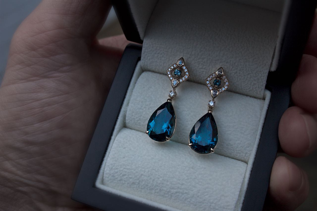 Moira Patience Fine Jewellery Bespoke Commission Edinburgh London Blue Topaz & Diamond Earrings