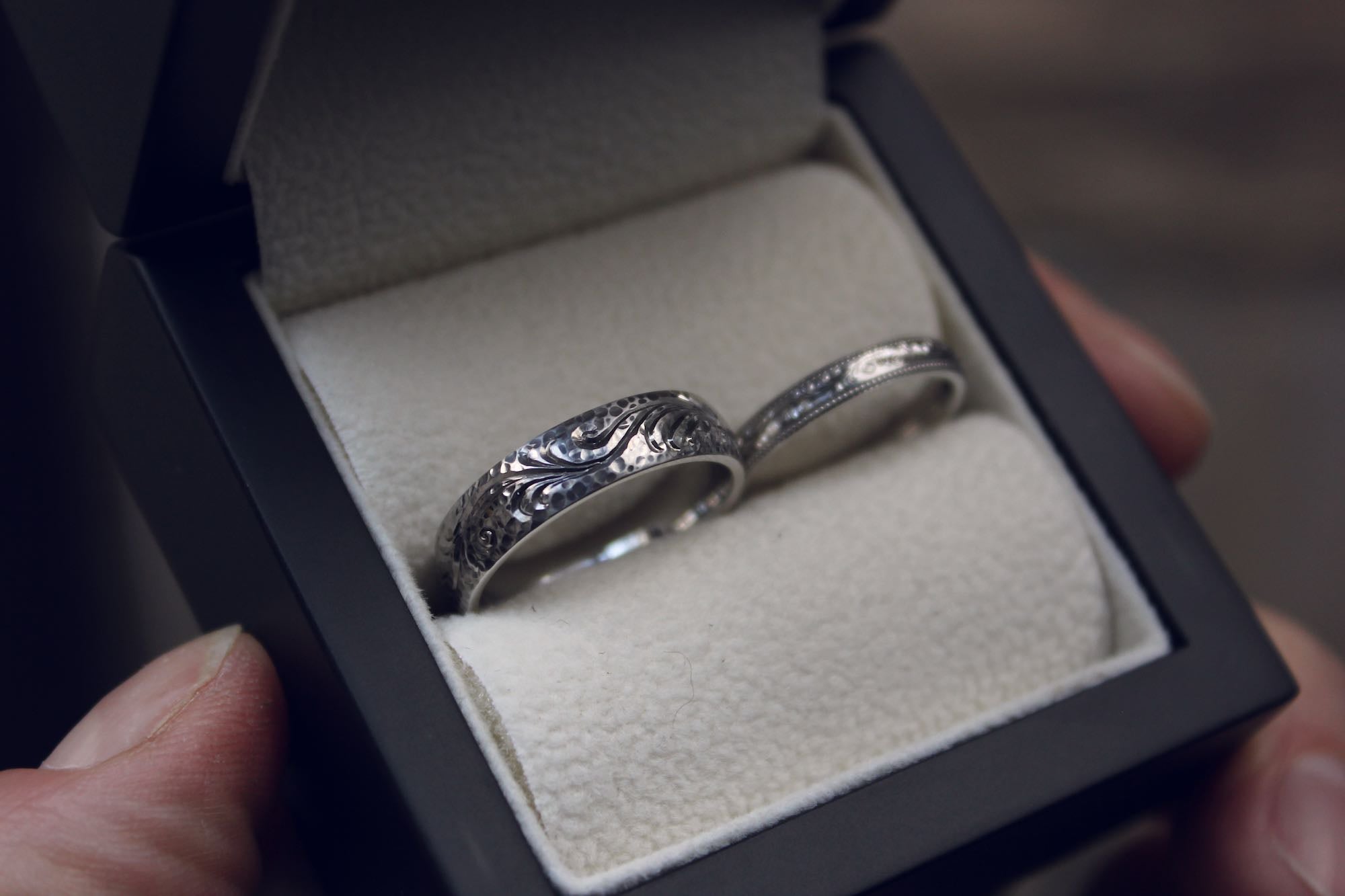 Moira Patience Fine Jewellery Bespoke Commission Engraved Platinum Wedding Rings in Edinburgh