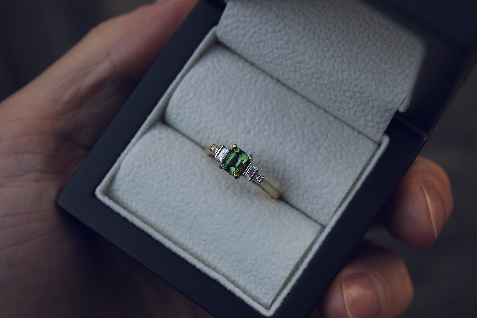 Moira Patience Fine Jewellery Bespoke Commission Gold Green Sapphire and Diamond Engagement Ring Edinburgh