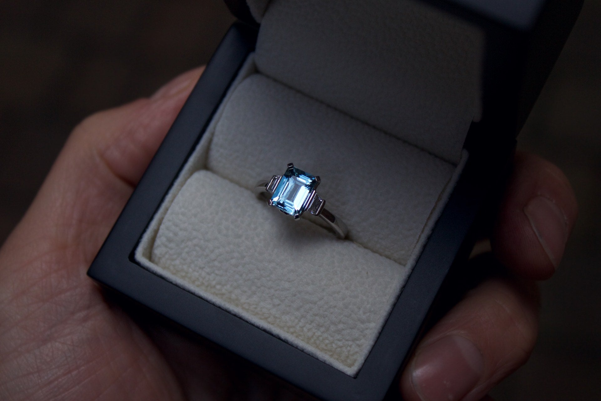 Moira Patience Fine Jewellery Bespoke Commission Handmade Aquamarine and Diamond Engagement Ring in Edinburgh Scotland