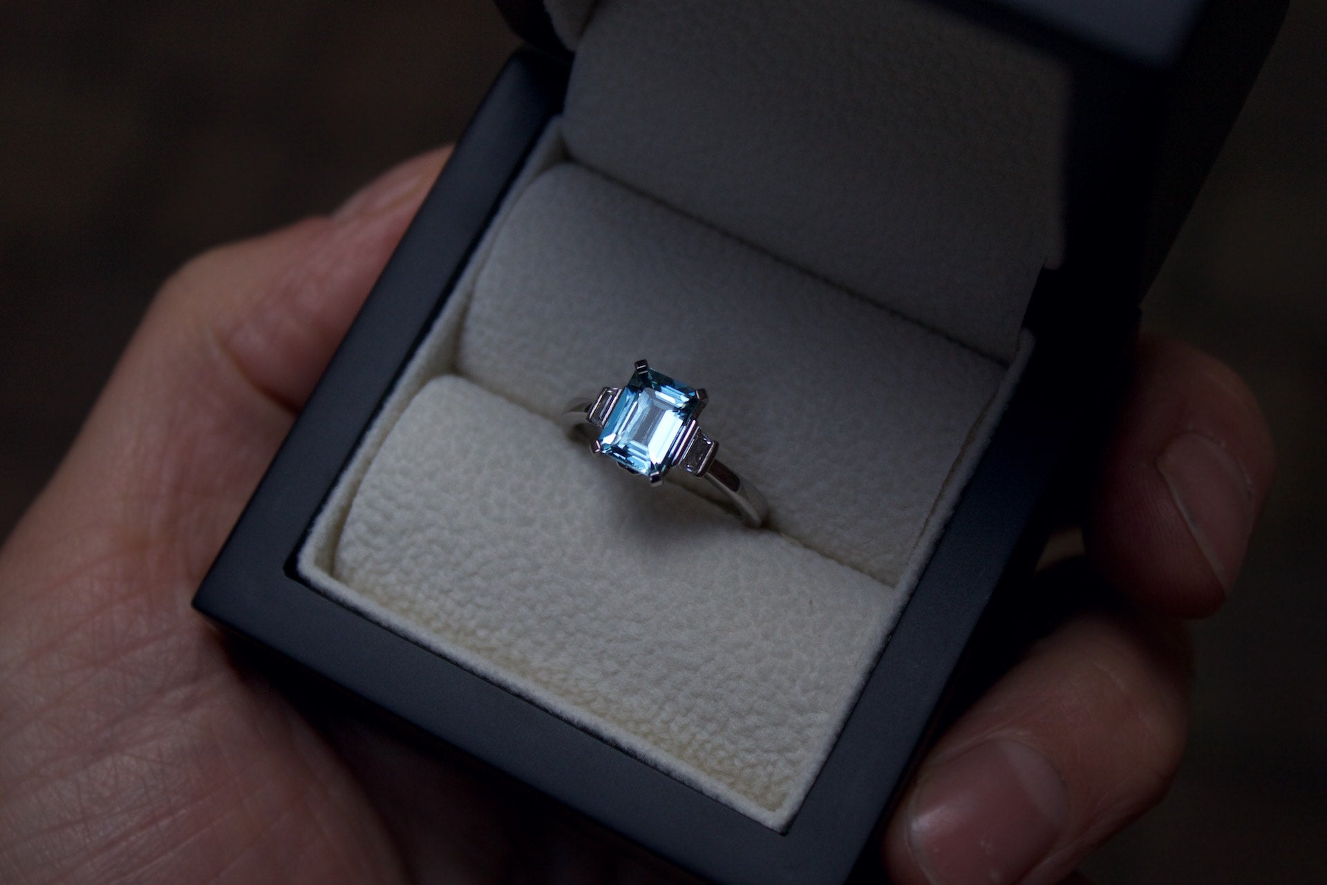 Moira Patience Fine Jewellery Bespoke Commission Handmade Aquamarine and Diamond Engagement Ring in Edinburgh Scotland
