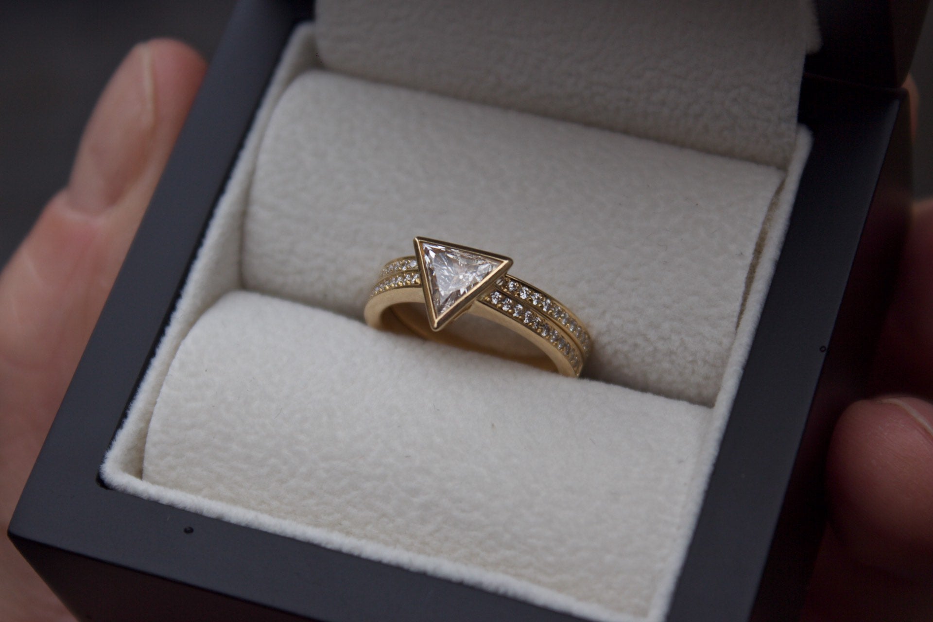 Moira Patience Fine Jewellery Bespoke Commission Handmade Diamond Wedding Band and Triangle Diamond Engagement Ring in Edinburgh