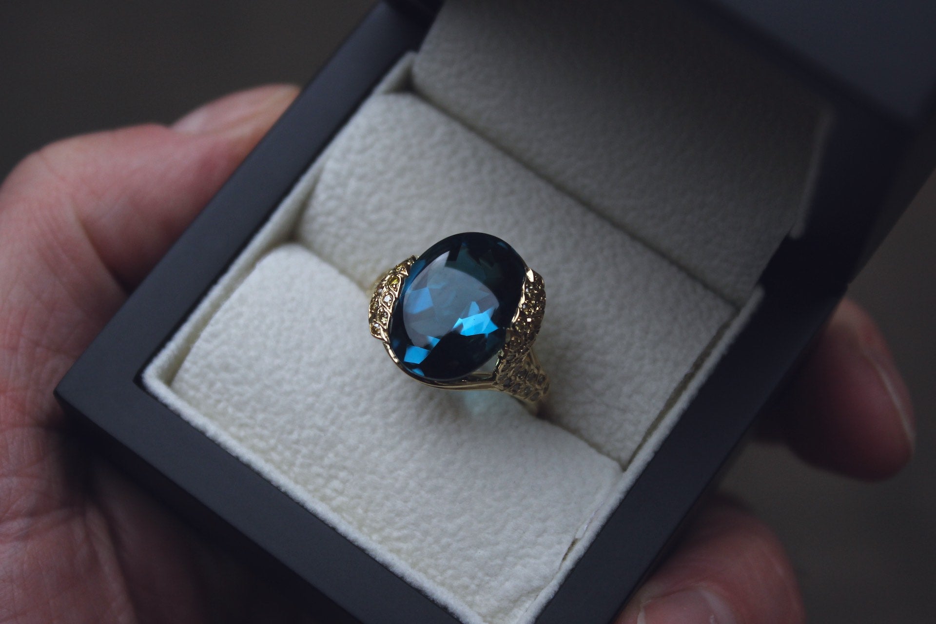 Moira Patience Fine Jewellery Bespoke Commission London Blue Topaz Cocktail Ring in Edinburgh Scotland
