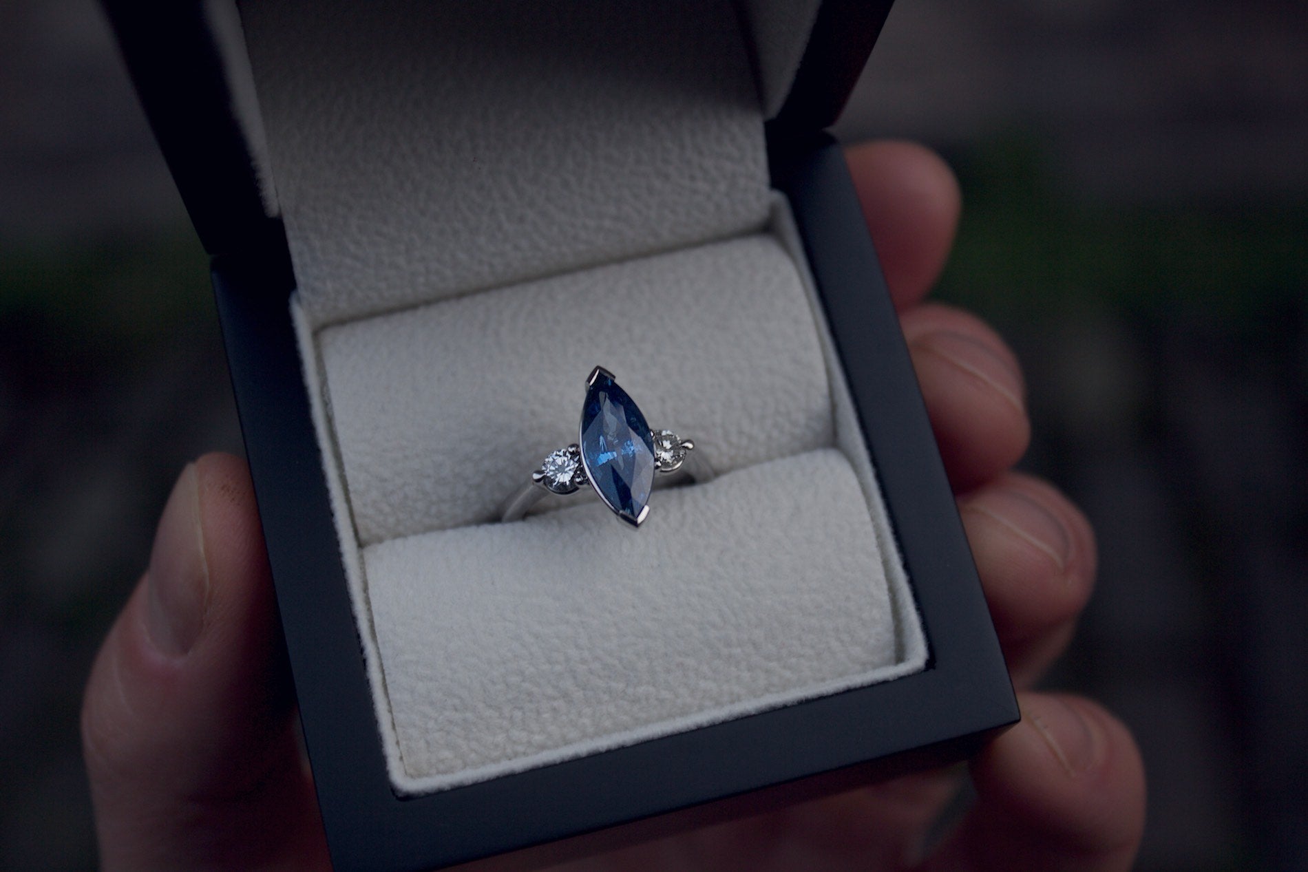 Moira Patience Fine Jewellery Bespoke Commission Marquise Sapphire and Diamond Ring Edinburgh
