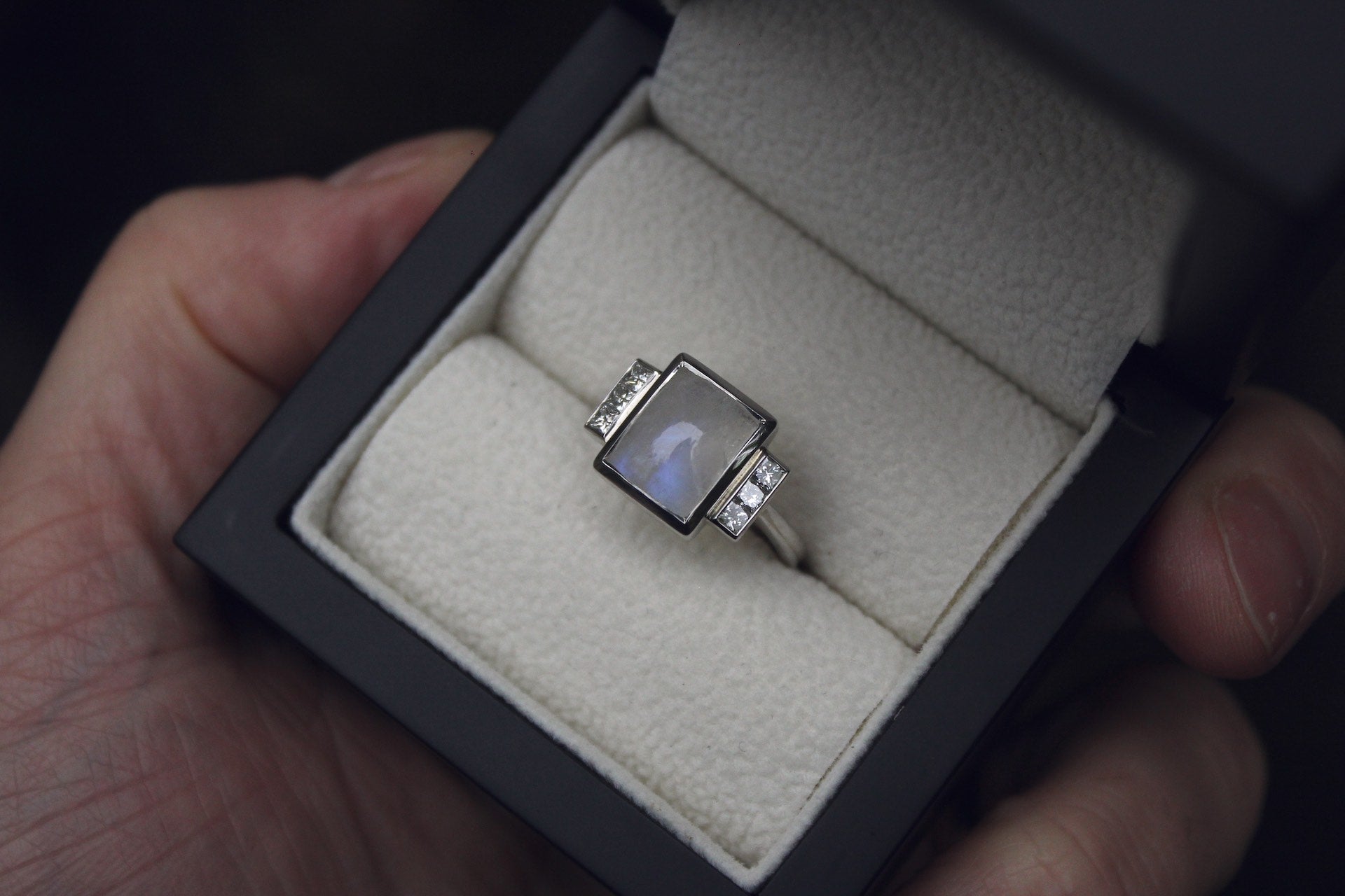 Moira Patience Fine Jewellery Bespoke Commission Moonstone Diamond Ring in Edinburgh