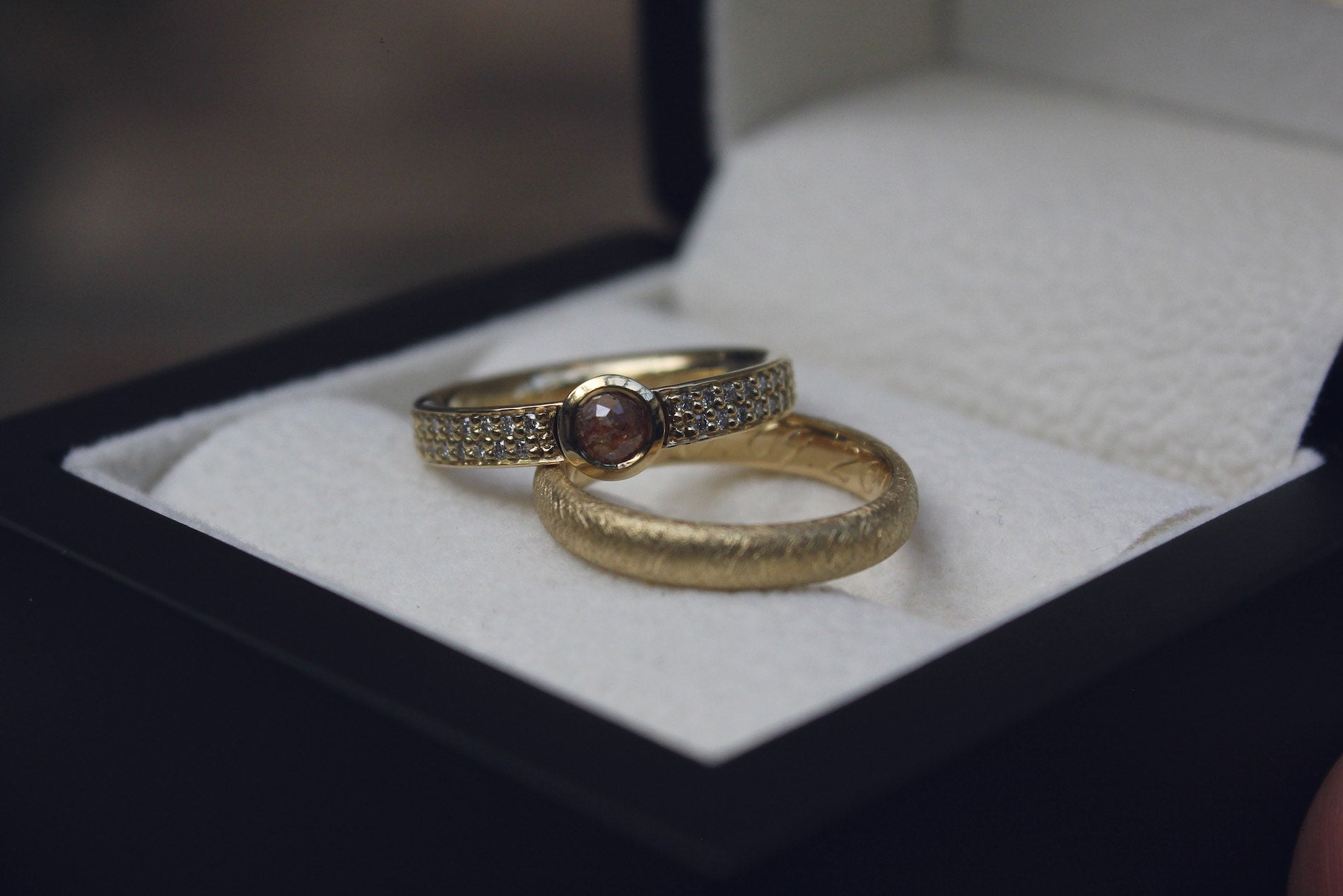Orange Diamond and Gold Engagement & Wedding Rings