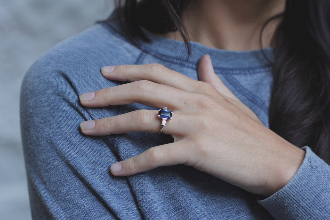 Moira Patience Fine Jewellery Bespoke Commission Platinum, Sapphire Diamond Engagement Ring