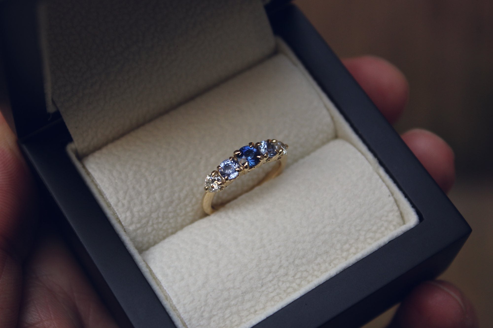 Moira Patience Fine Jewellery Bespoke Commission Sapphire and Diamond Engagement Ring in Edinburgh