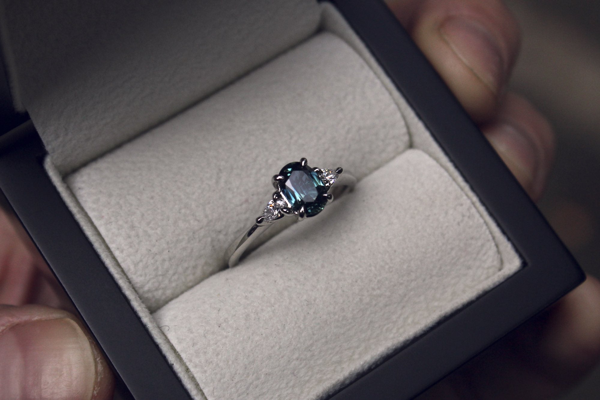 Moira Patience Fine Jewellery Bespoke Commission Teal Sapphire and Diamond Engagement Ring in Edinburgh