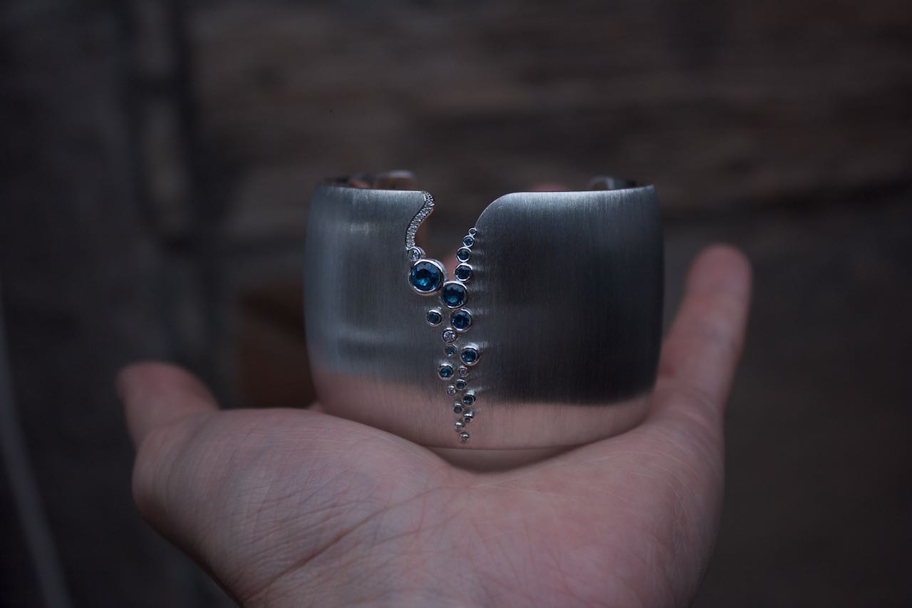 Moira Patience Fine Jewellery Bespoke Diamond and Aquamarine Silver Delta Cuff