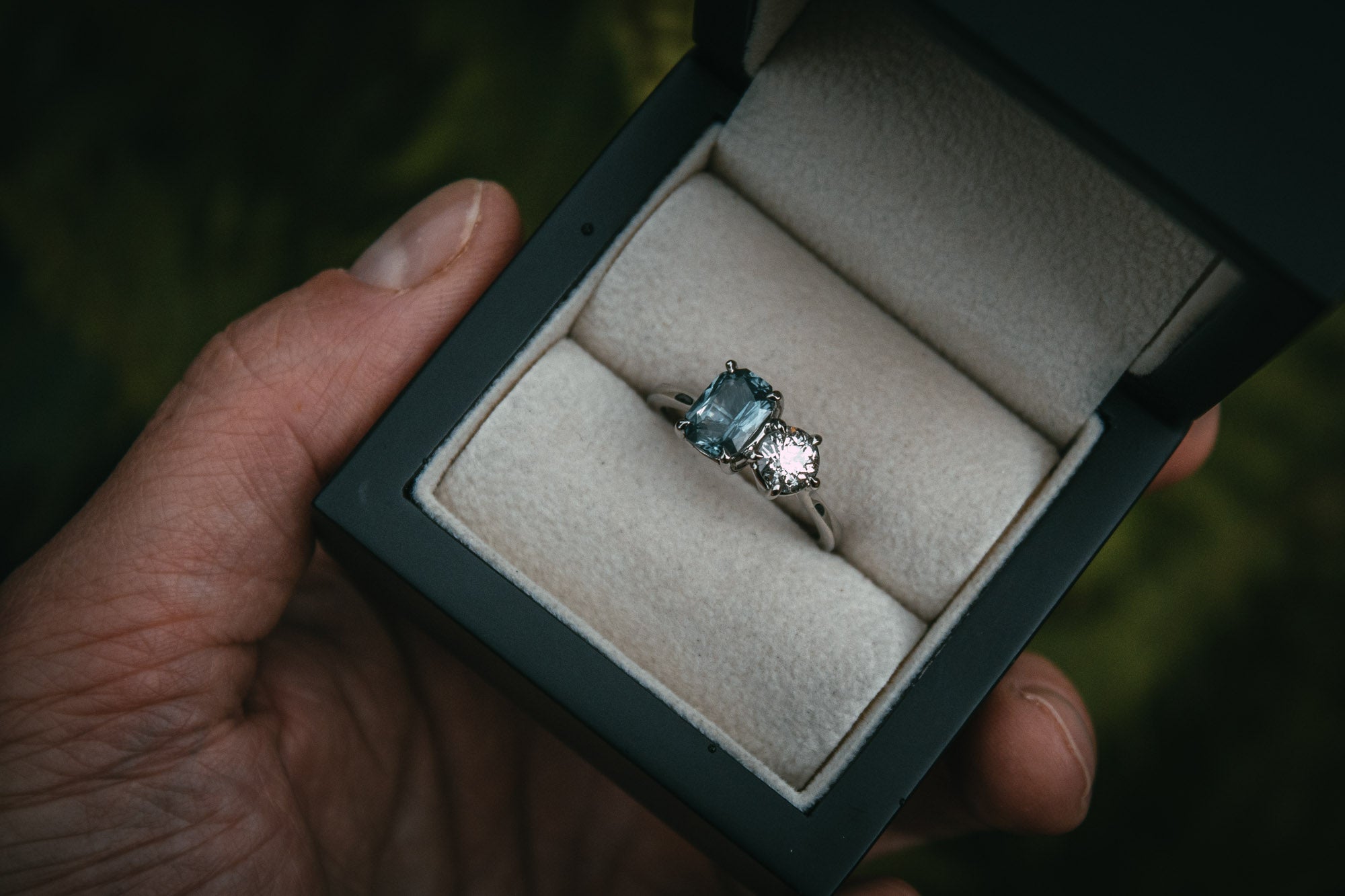 Bespoke Teal Sapphire & Diamond Toi et Moi Ring