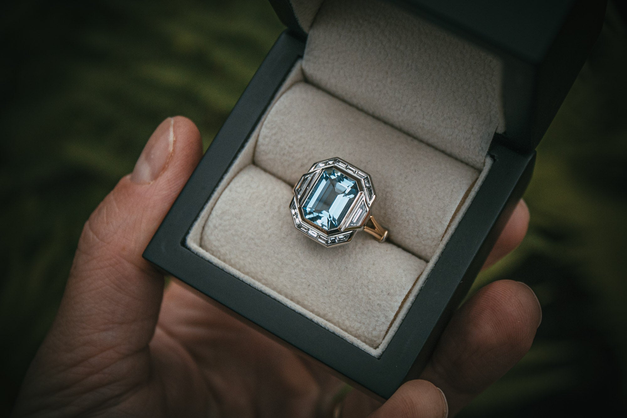 Bespoke Emerald Cut Aquamarine and Diamond Ring