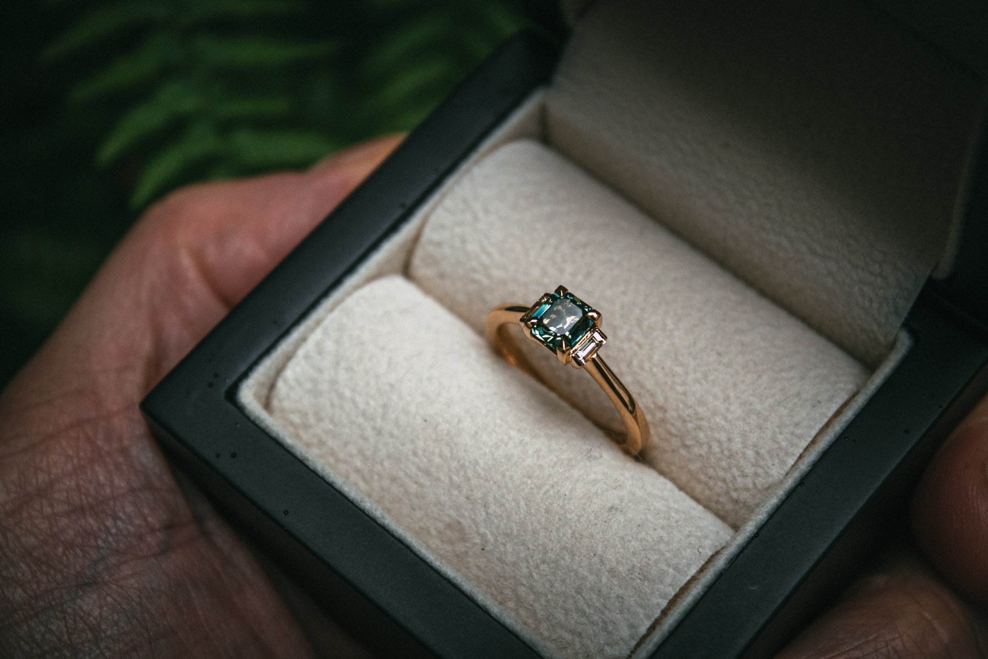 Bespoke Emerald Cut Teal Sapphire and Diamond Engagement Ring