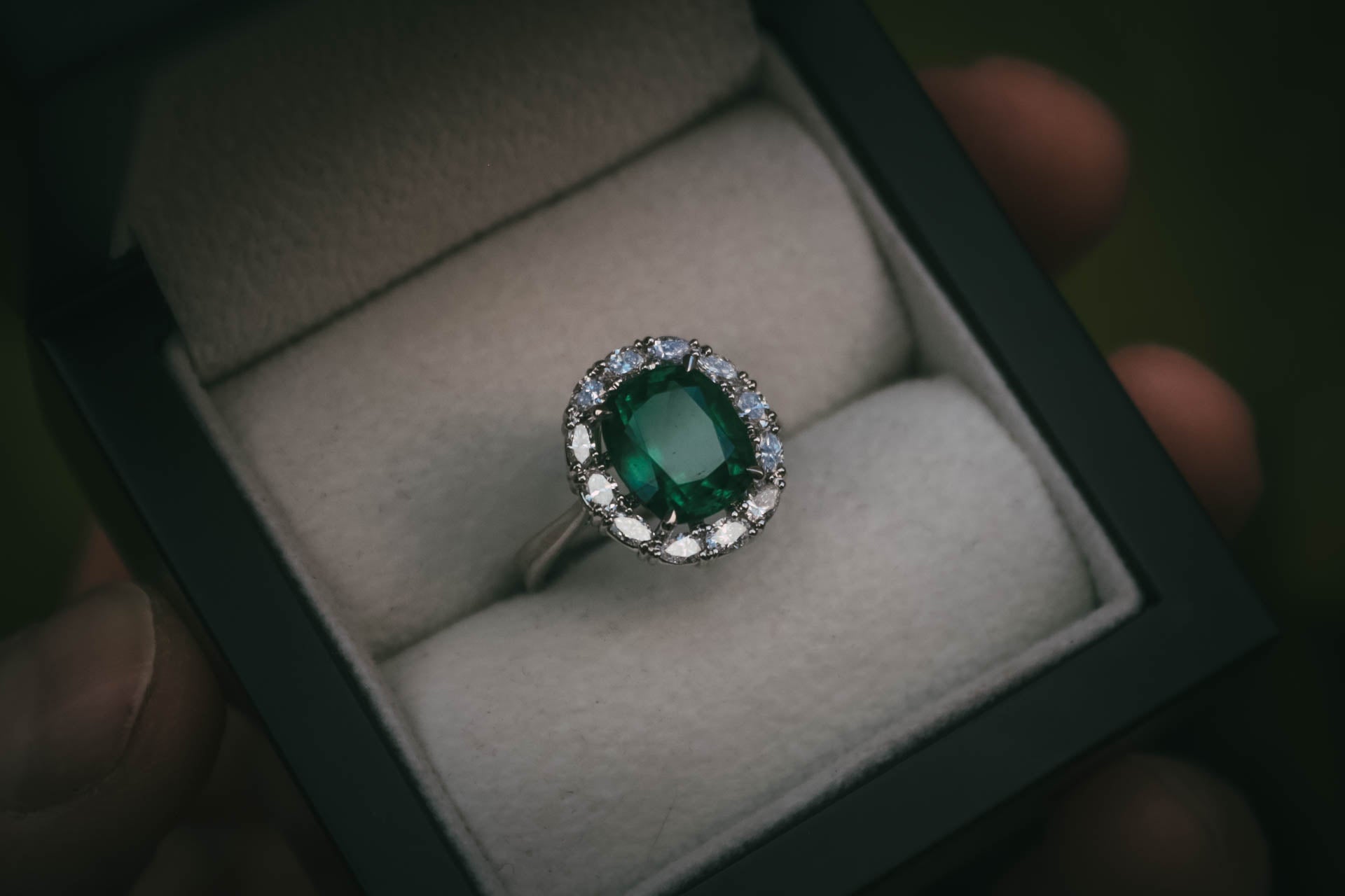 Moira Patience Bespoke Emerald and Diamond Engagement Ring
