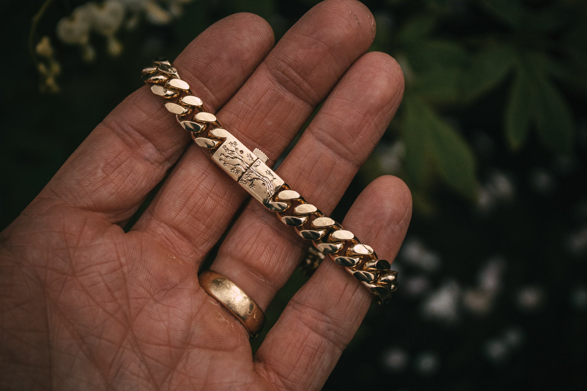 Bespoke hand engraved gold bracelet