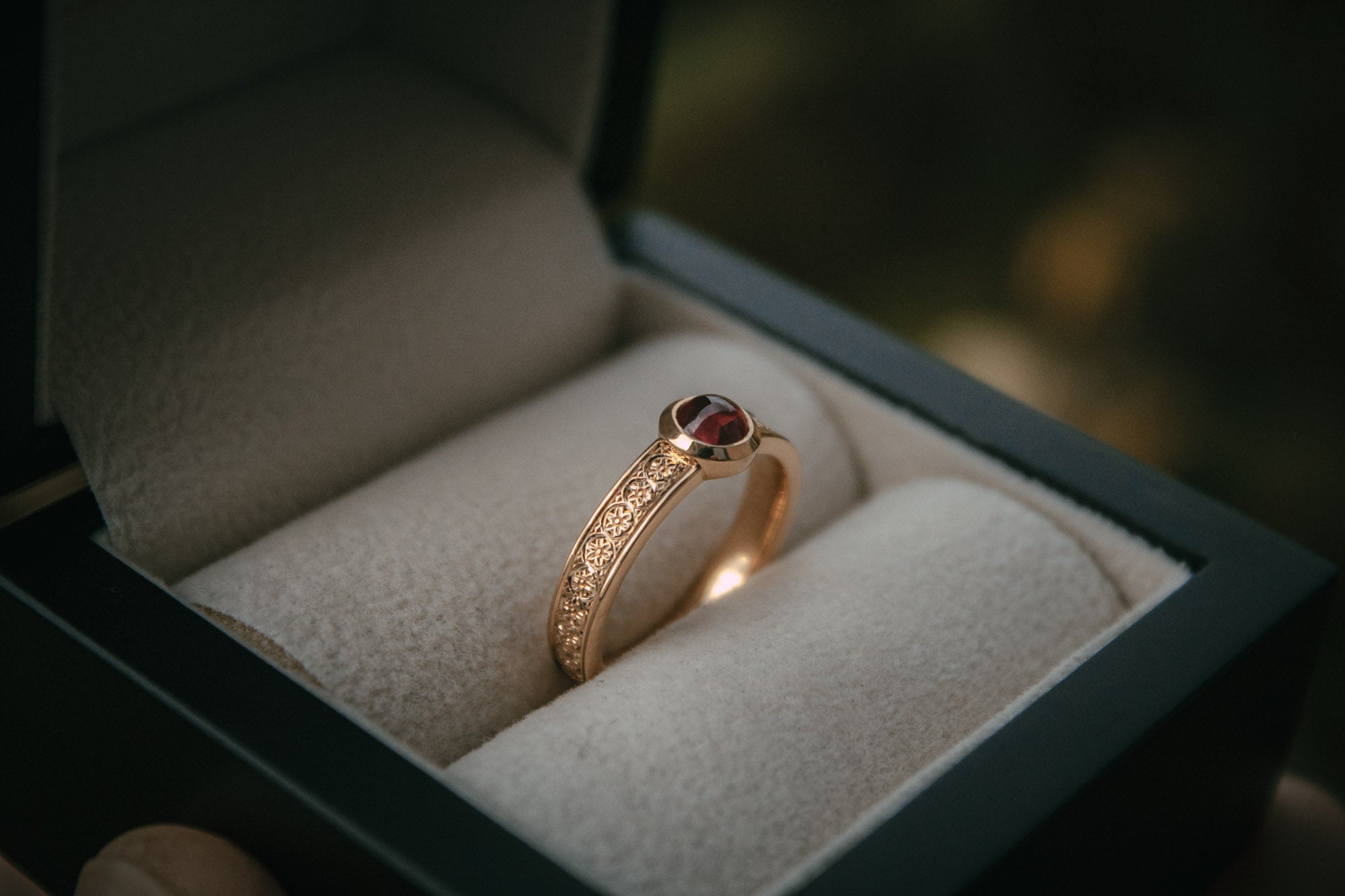 Bespoke engraved ruby ring