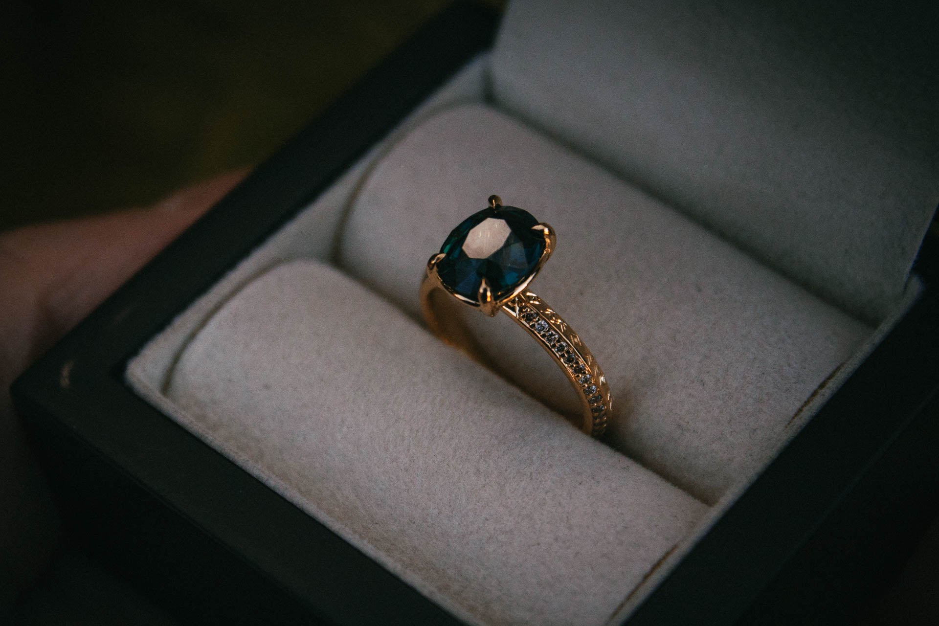 Moira Patience Fine Jewellery Bespoke Engraved Teal Sapphire Engagement Ring