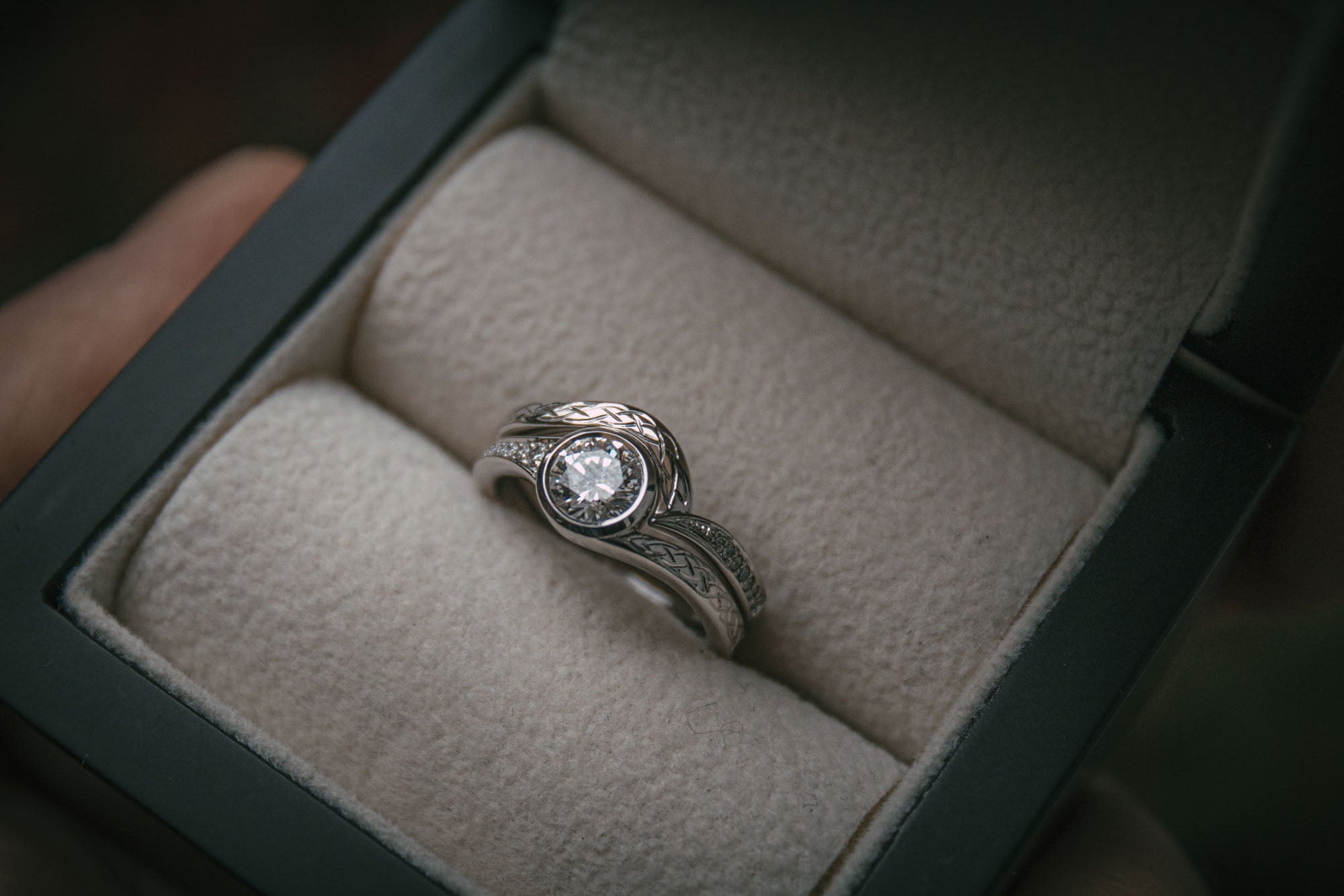 Bespoke Engraved Twisted Canadian Diamond Engagement Ring and Fitted Wedding Ring