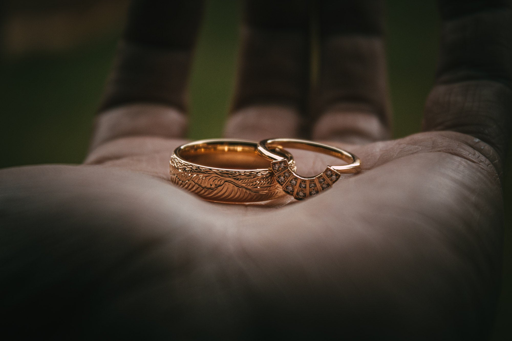 Bespoke Engraved Wave Wedding Ring and Fitted diamond Wedding Ring