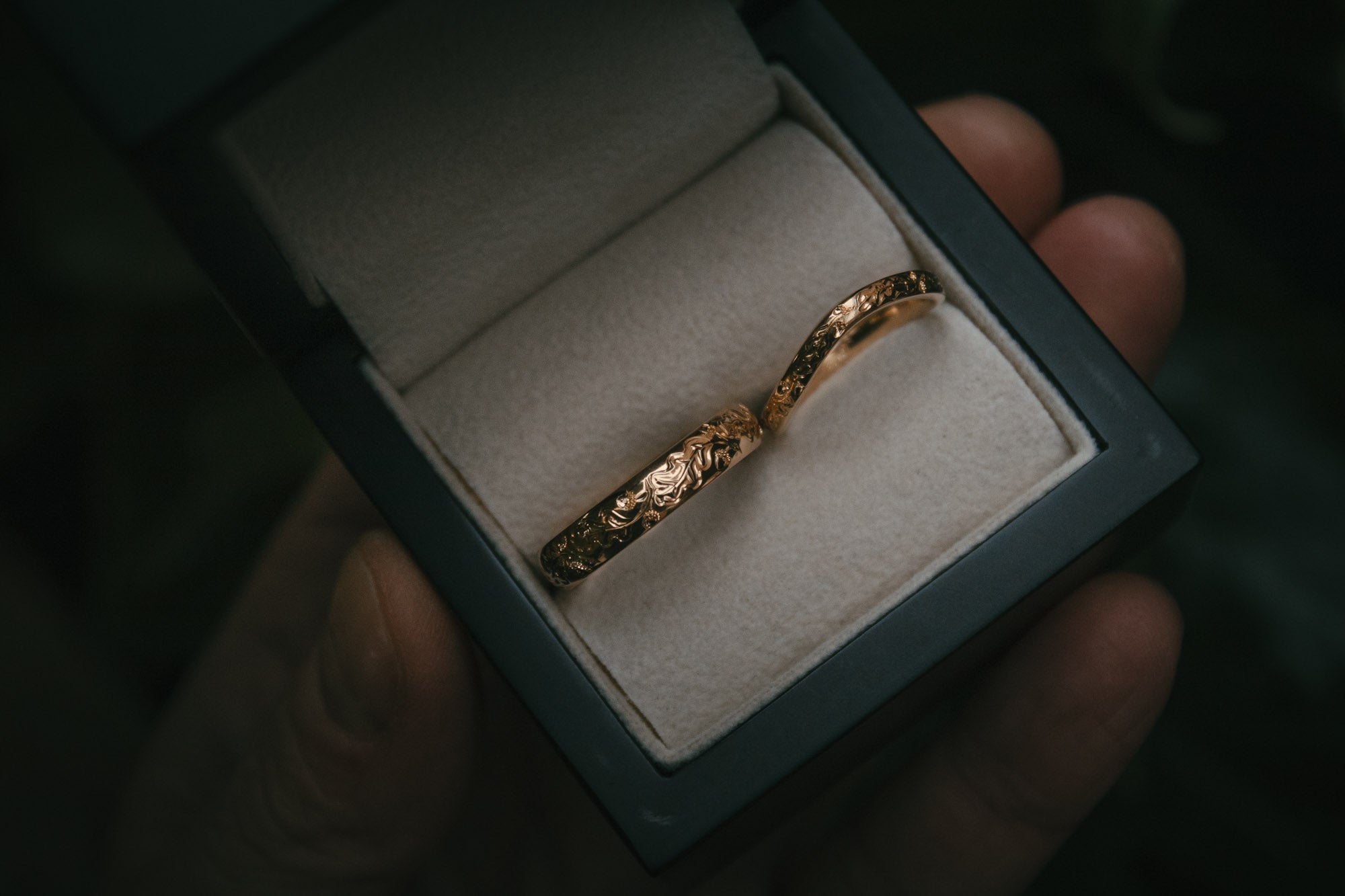 Moira Patience Fine Jewellery Hand-Engraved Oak Wedding Rings