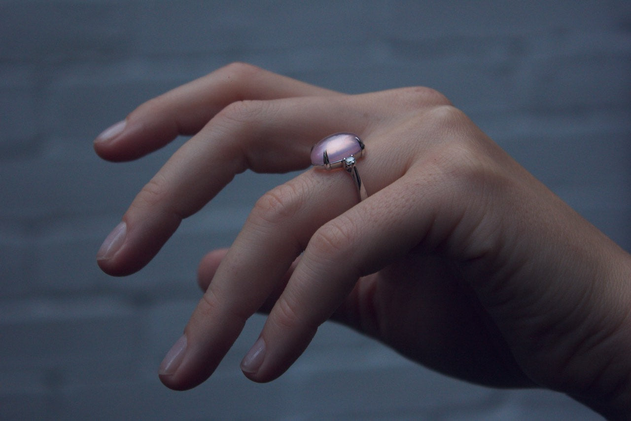 Moira Patience Fine Jewellery Bespoke Ethically Sourced Rose Quartz and Diamond Cocktail Ring in Edinburgh