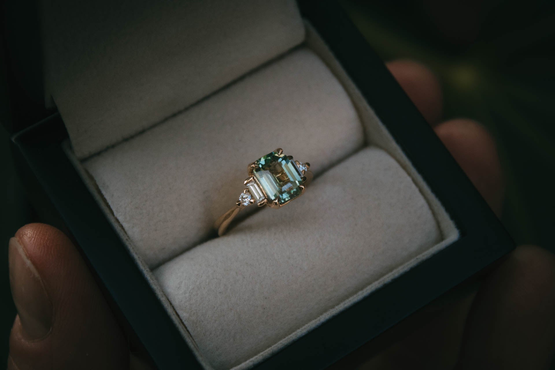 Moira Patience Fine Jewellery Bespoke Green Sapphire Diamond Art Deco Engagement Ring