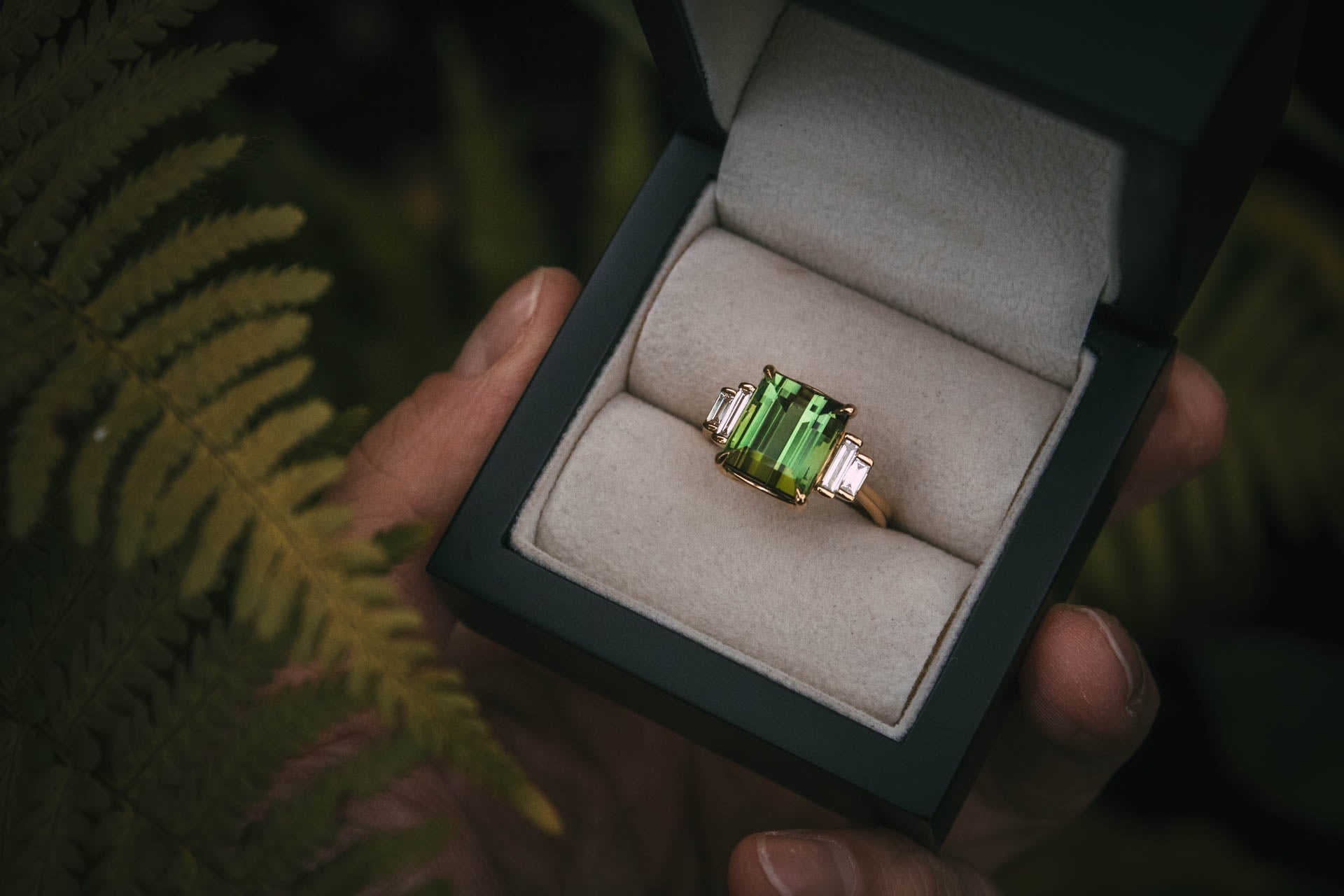 Bespoke green tourmaline and diamond engagement ring Edinburgh