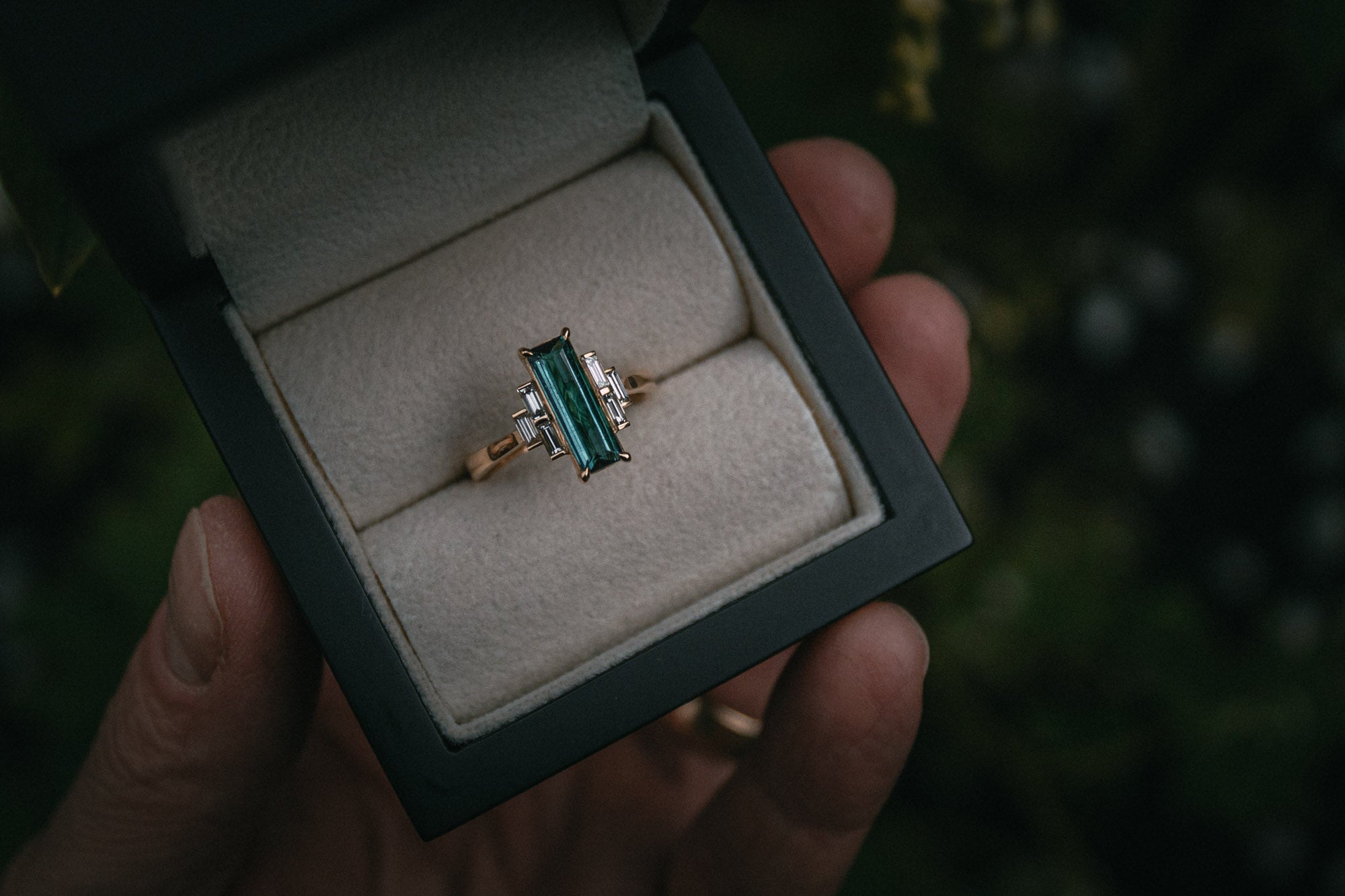 Bespoke teal tourmaline and diamond engagement ring