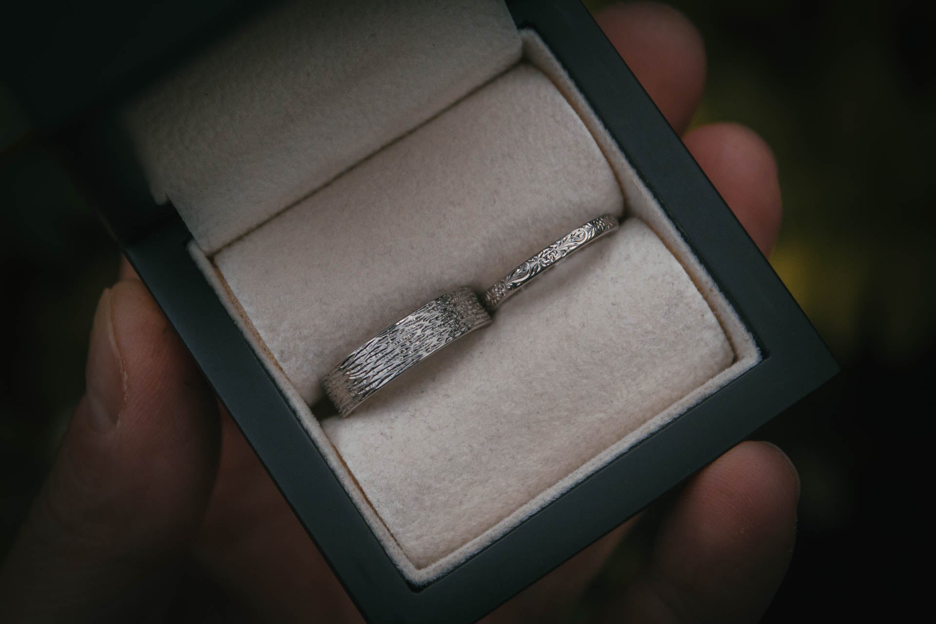 Bespoke hand engraved textured wedding bands