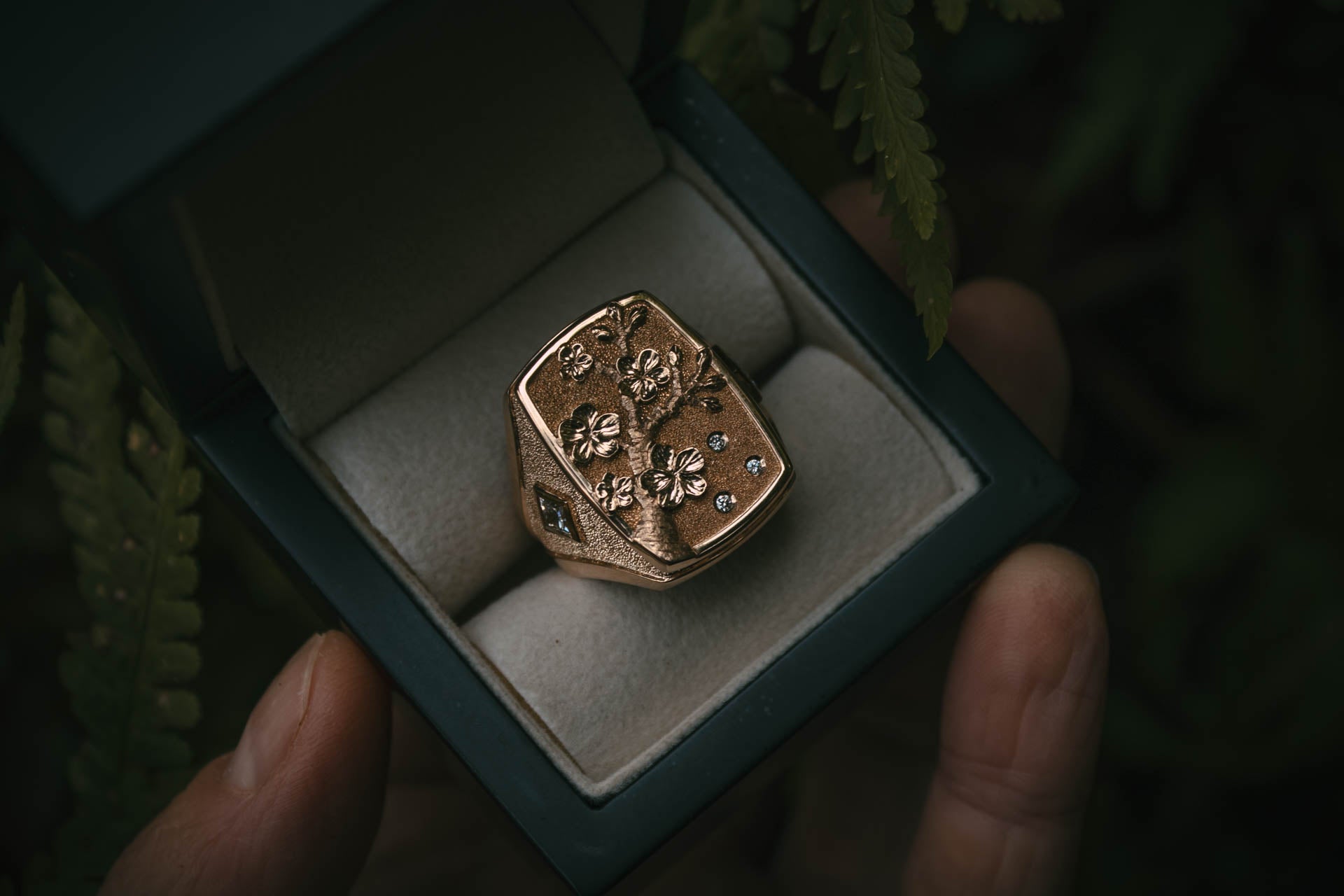 Bespoke Hand Engraved Cherry Blossom Gold Diamond Signet Ring 