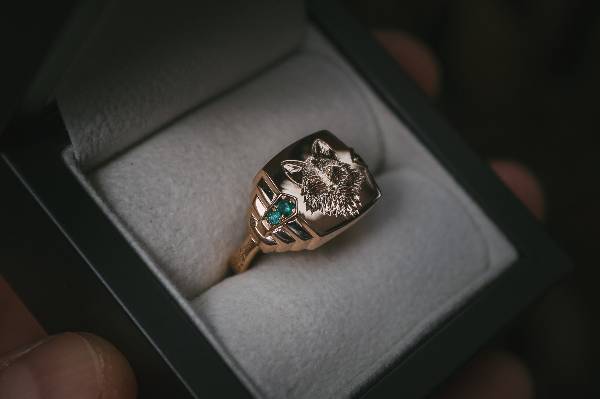 Hand engraved fox signet ring in box