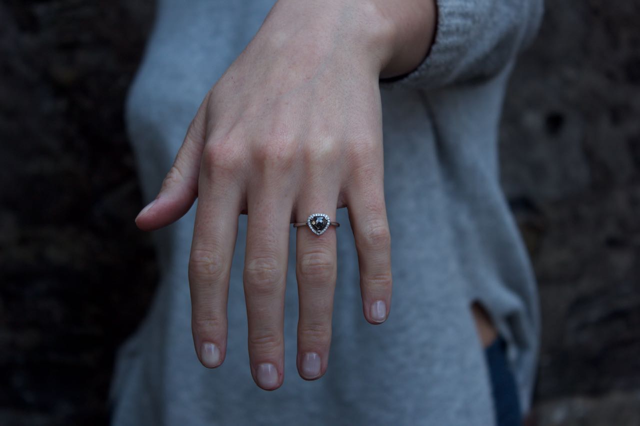Moira Patience Fine Jewellery Bespoke Heart Shaped Salt and Pepper Diamond Engagement Ring Edinburgh