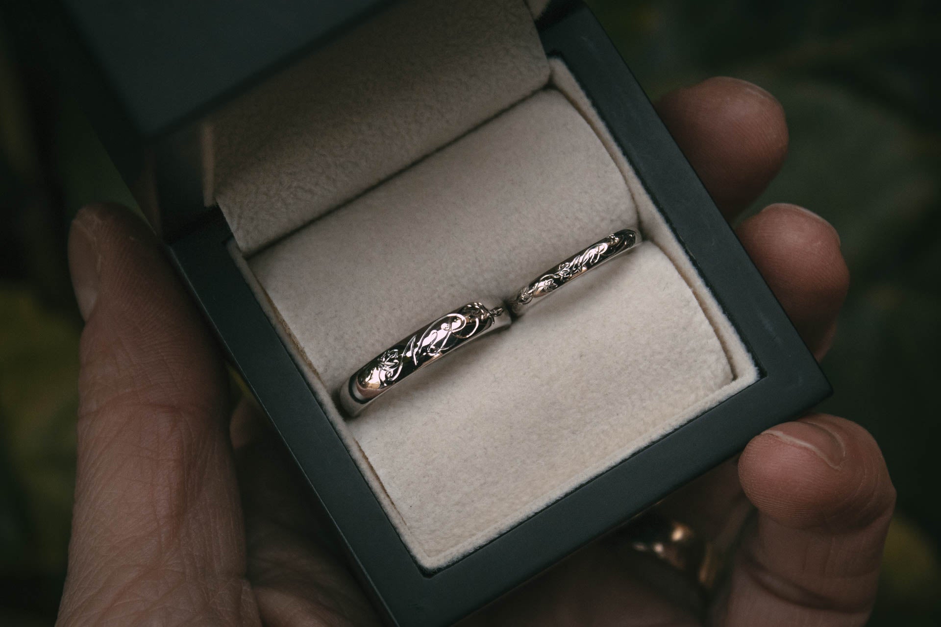 Moira Patience Fine Jewellery Bespoke Hand Engraved Platinum Wedding Bands