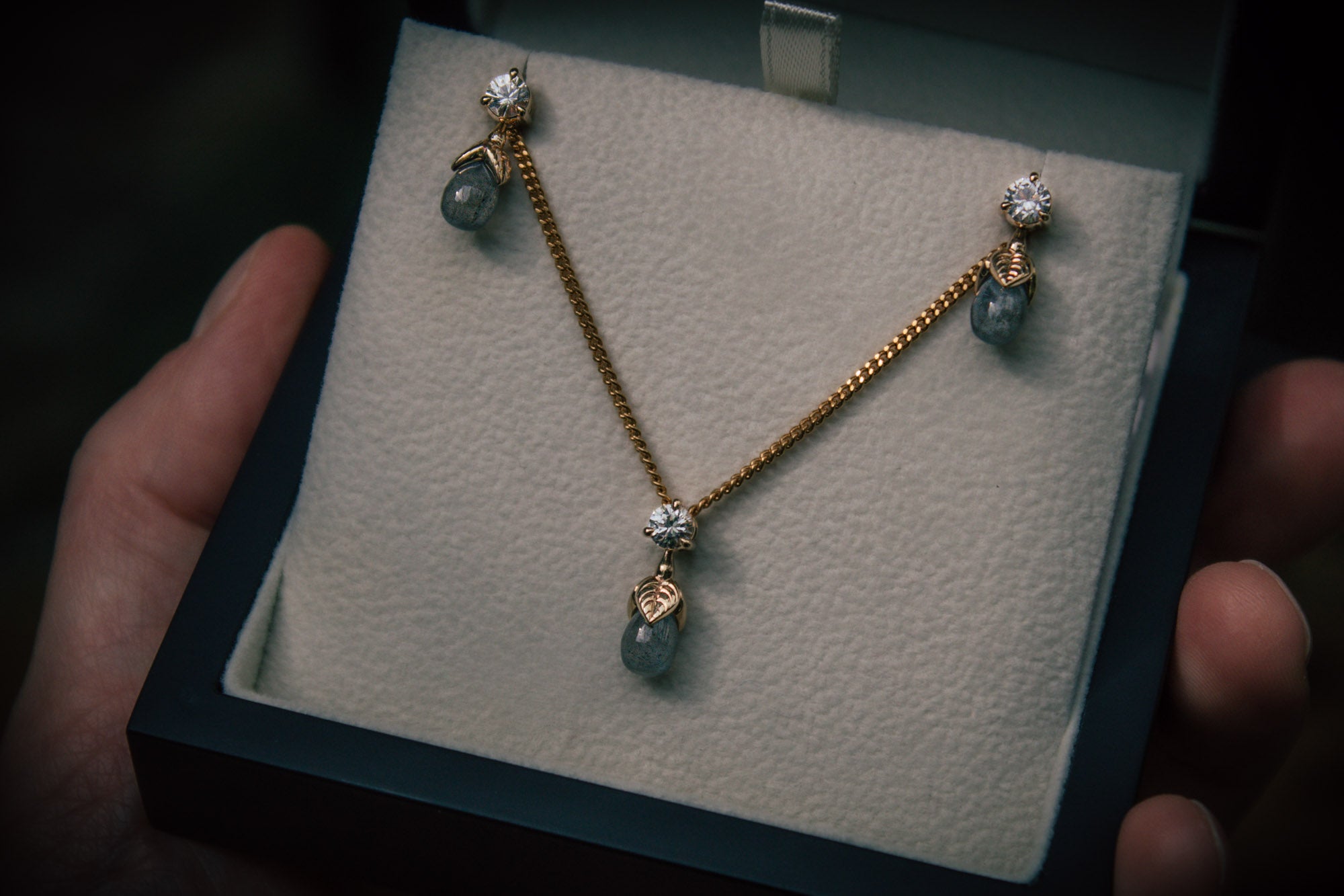 Bespoke Engraved Labradorite & White Sapphire Earrings & Pendant Set